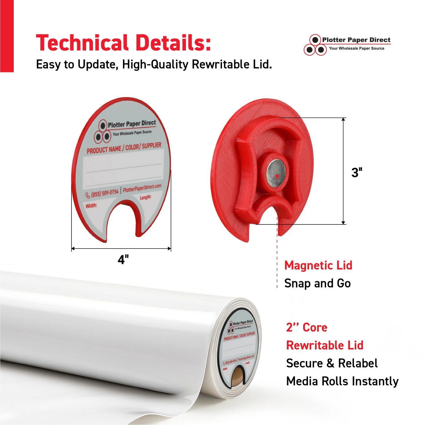 3" Core Rewritable Red Lid for Media Rolls