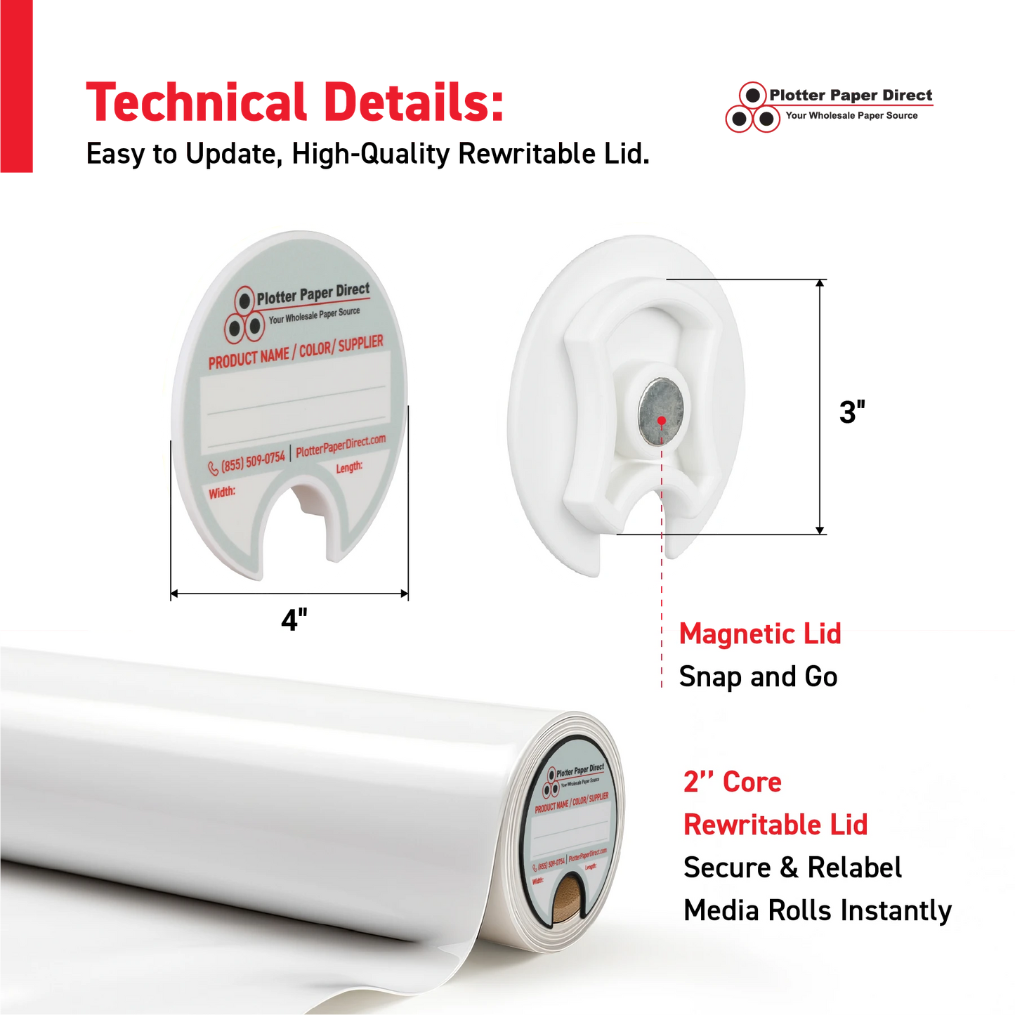 3" Core Rewritable White Lid for Media Rolls