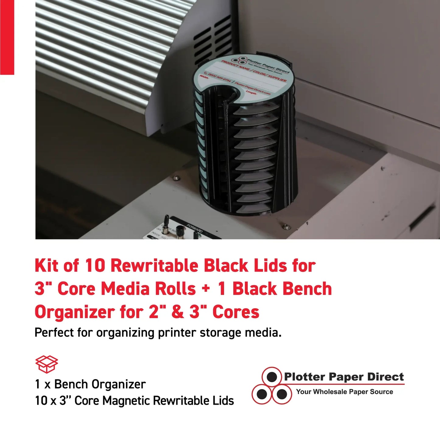 Kit of 10 Rewritable Black Lids for 3" Core Media Rolls + 1 Black Bench Organizer for 2" & 3" Cores – Durable Storage & Organization for Print Shops and Studios