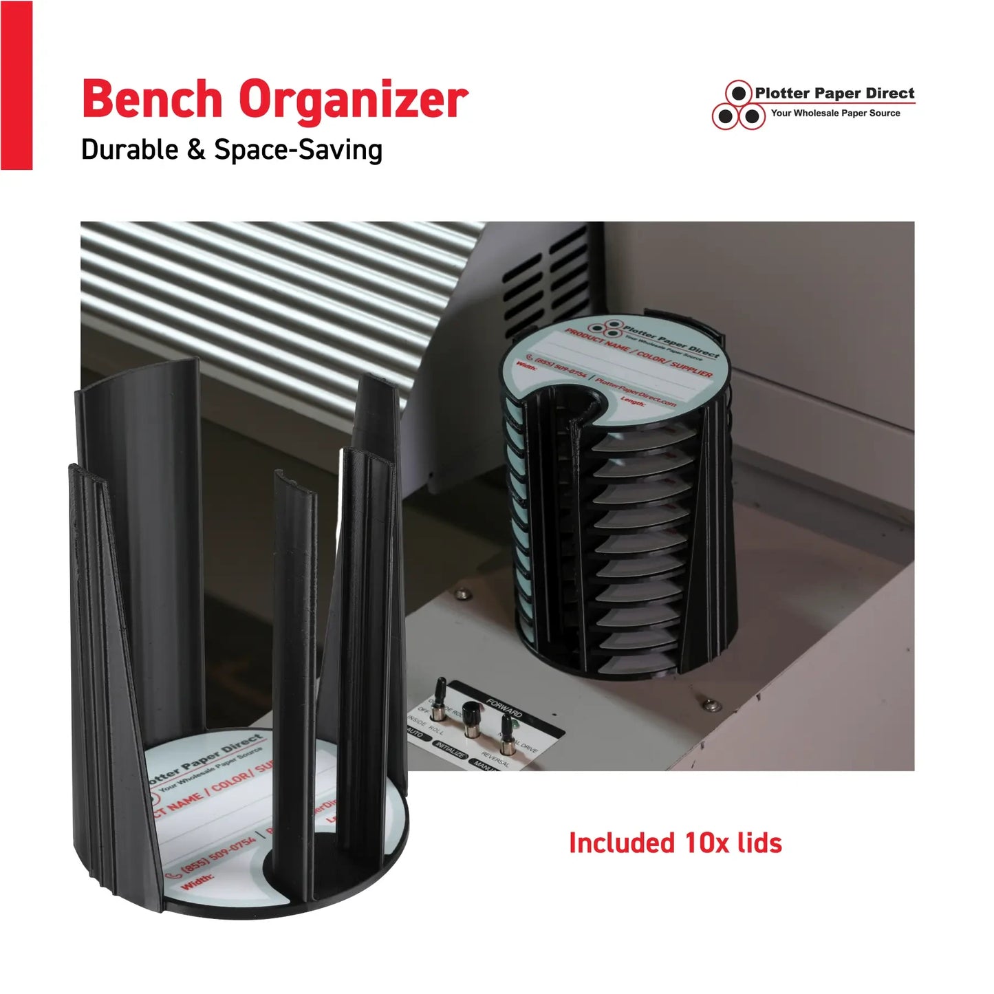 Kit of 10 Rewritable Black Lids for 3" Core Media Rolls + 1 Black Bench Organizer for 2" & 3" Cores – Durable Storage & Organization for Print Shops and Studios