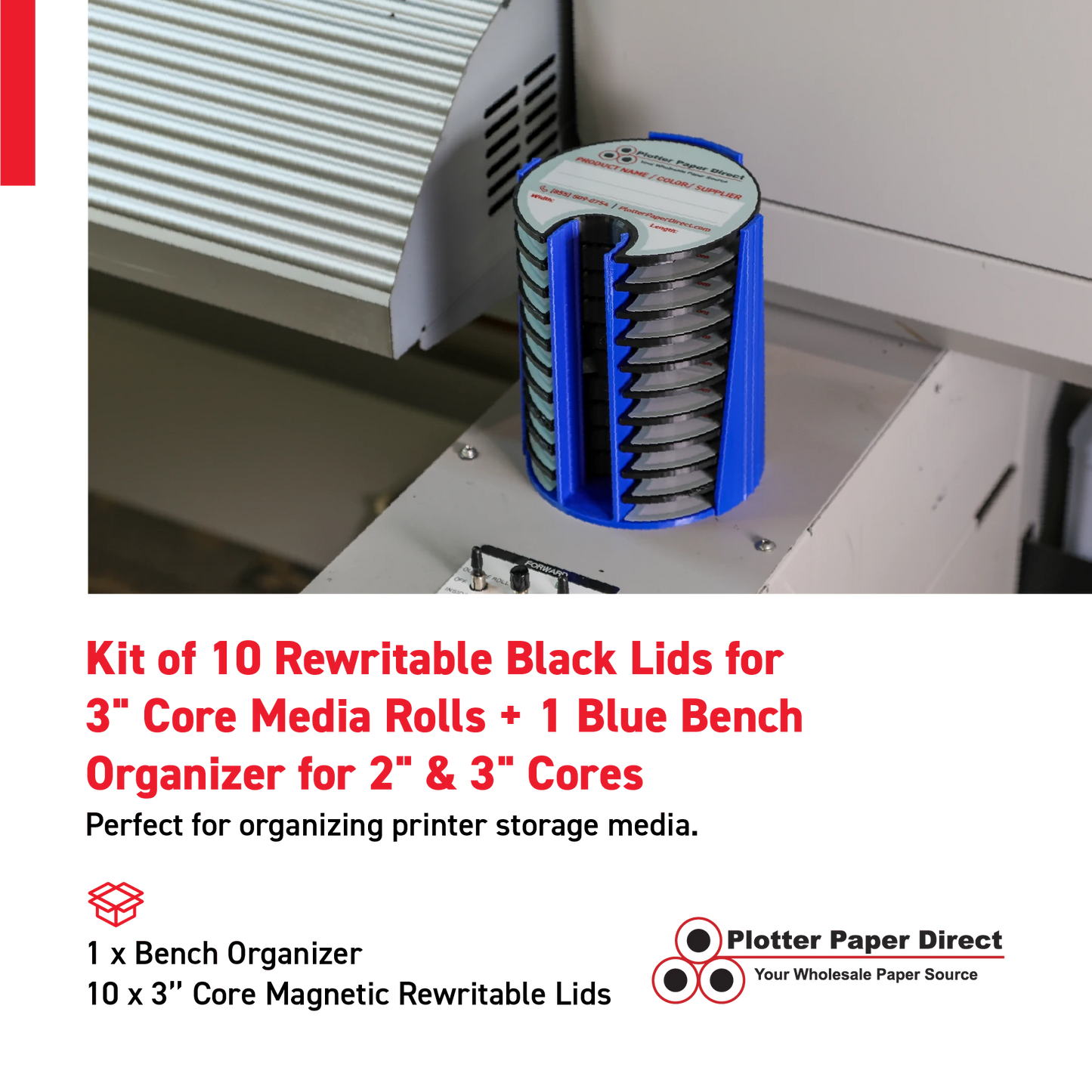 Kit of 10 Rewritable Black Lids for 3" Core Media Rolls + 1 Blue Bench Organizer for 2" & 3" Cores – Durable Storage & Organization for Print Shops and Studios