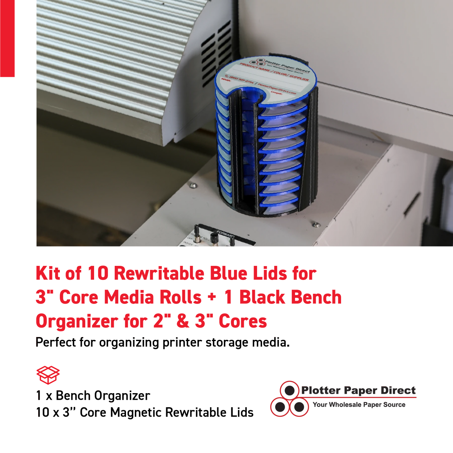 Kit of 10 Rewritable Blue Lids for 3" Core Media Rolls + 1 Black Bench Organizer for 2" & 3" Cores – Durable Storage & Organization for Print Shops and Studios