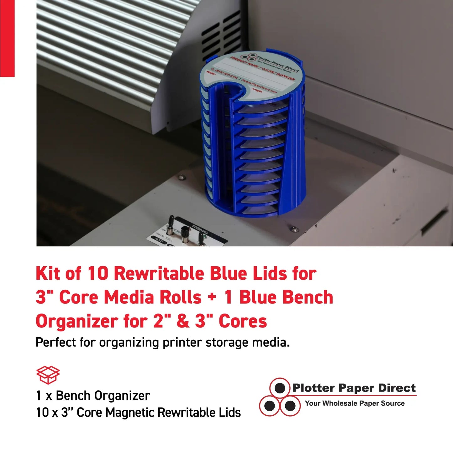 Kit of 10 Rewritable Blue Lids for 3" Core Media Rolls + 1 Blue Bench Organizer for 2" & 3" Cores – Durable Storage & Organization for Print Shops and Studios