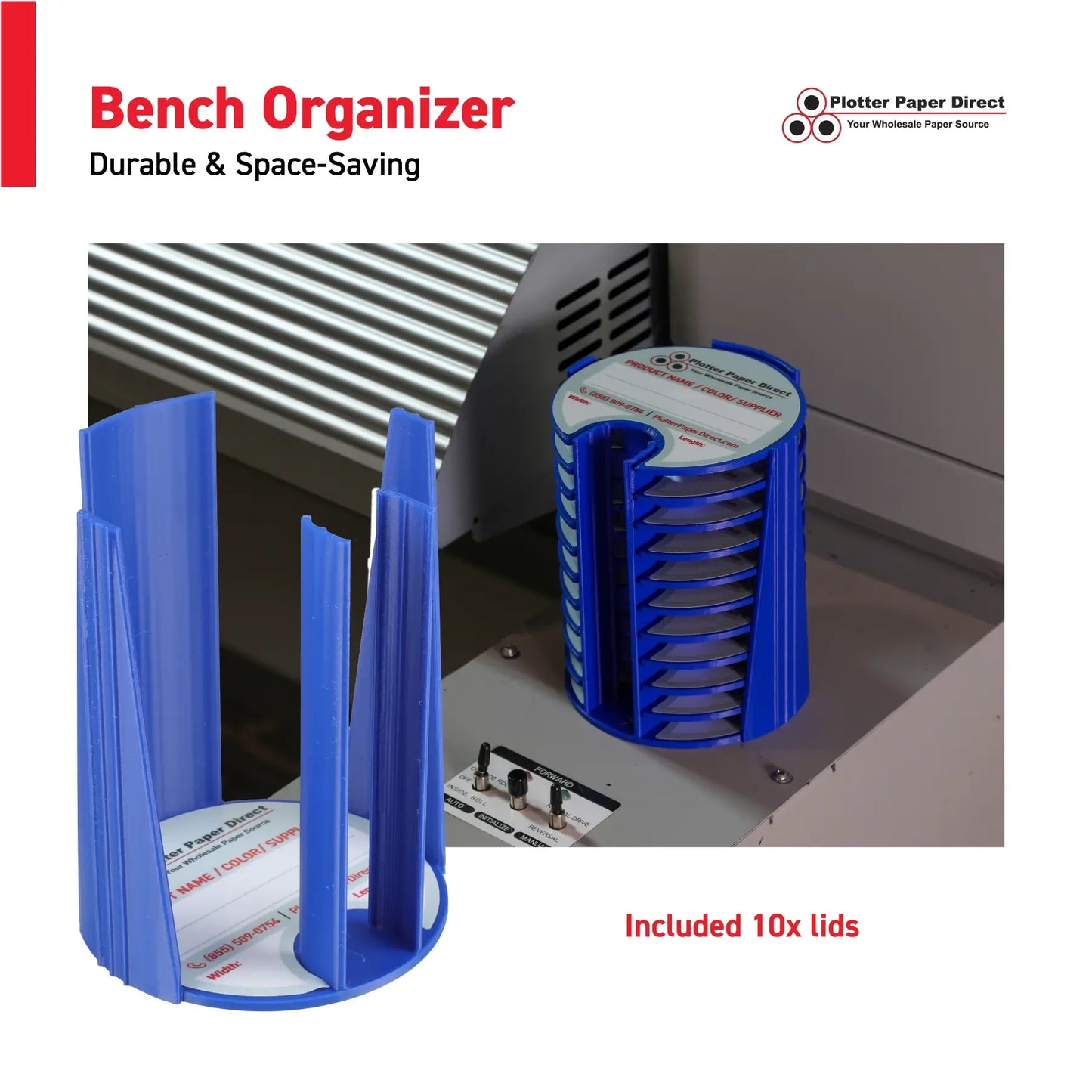 Kit of 10 Rewritable Blue Lids for 3" Core Media Rolls + 1 Blue Bench Organizer for 2" & 3" Cores – Durable Storage & Organization for Print Shops and Studios