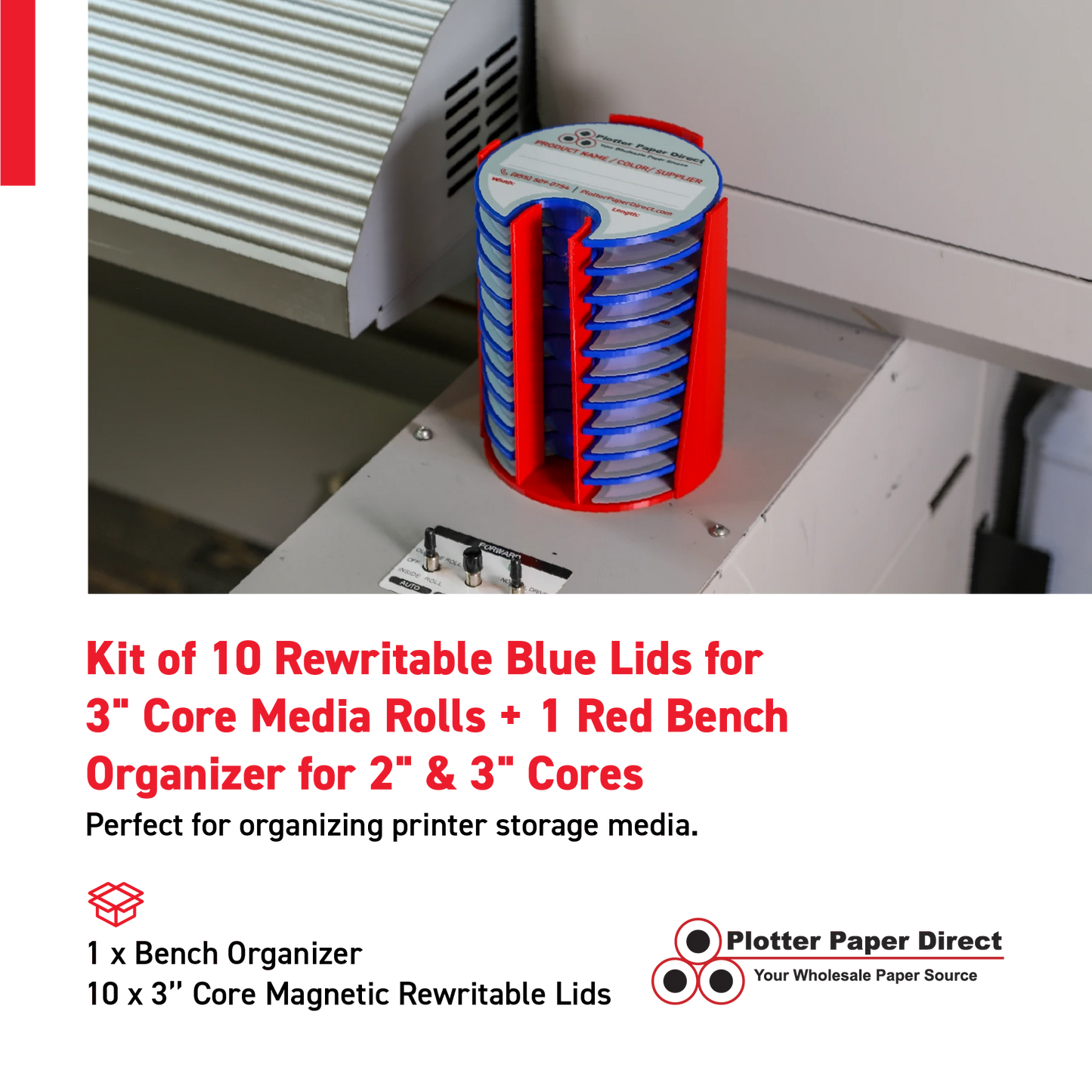 Kit of 10 Rewritable Blue Lids for 3" Core Media Rolls + 1 Red Bench Organizer for 2" & 3" Cores – Durable Storage & Organization for Print Shops and Studios
