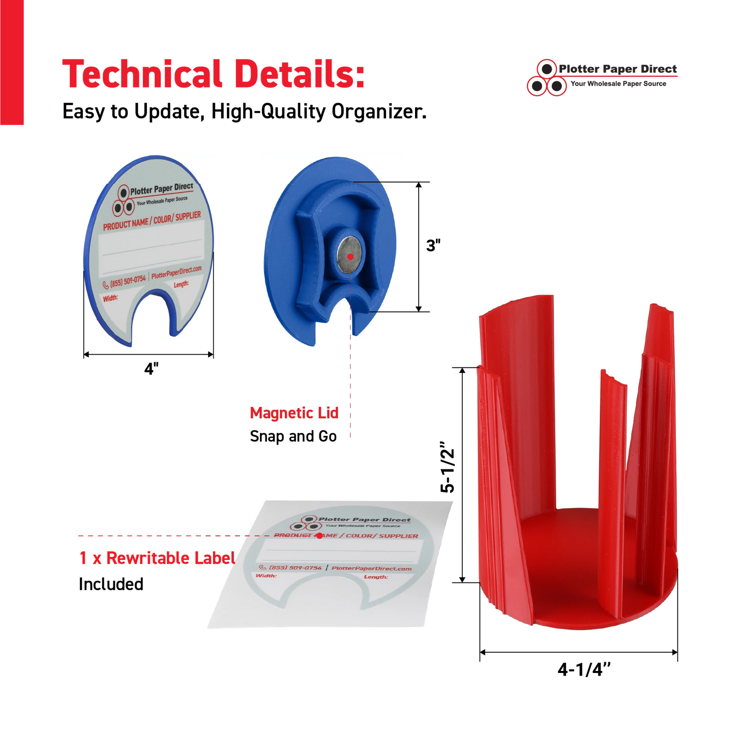 Kit of 10 Rewritable Blue Lids for 3" Core Media Rolls + 1 Red Bench Organizer for 2" & 3" Cores – Durable Storage & Organization for Print Shops and Studios