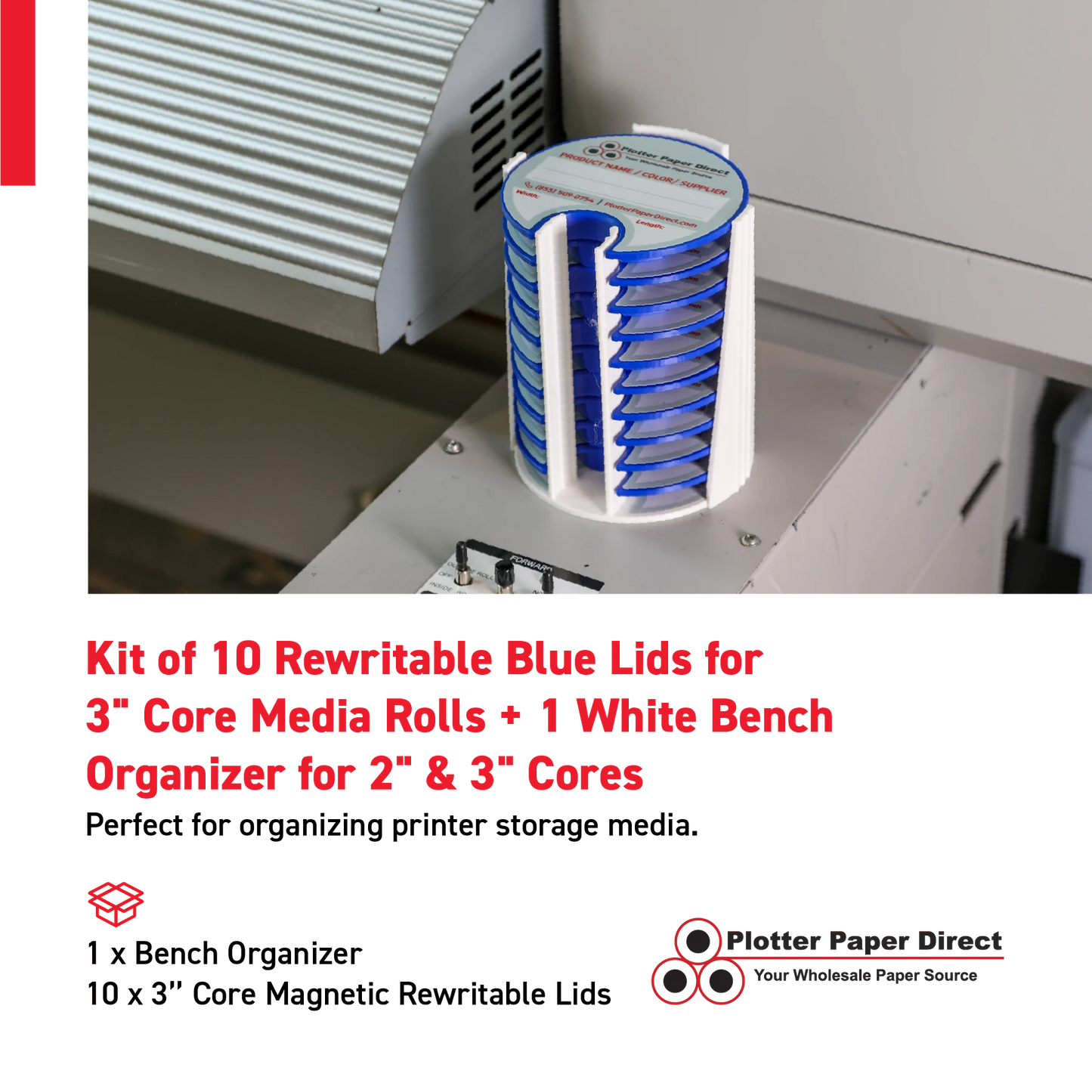 Kit of 10 Rewritable Blue Lids for 3" Core Media Rolls + 1 White Bench Organizer for 2" & 3" Cores – Durable Storage & Organization for Print Shops and Studios