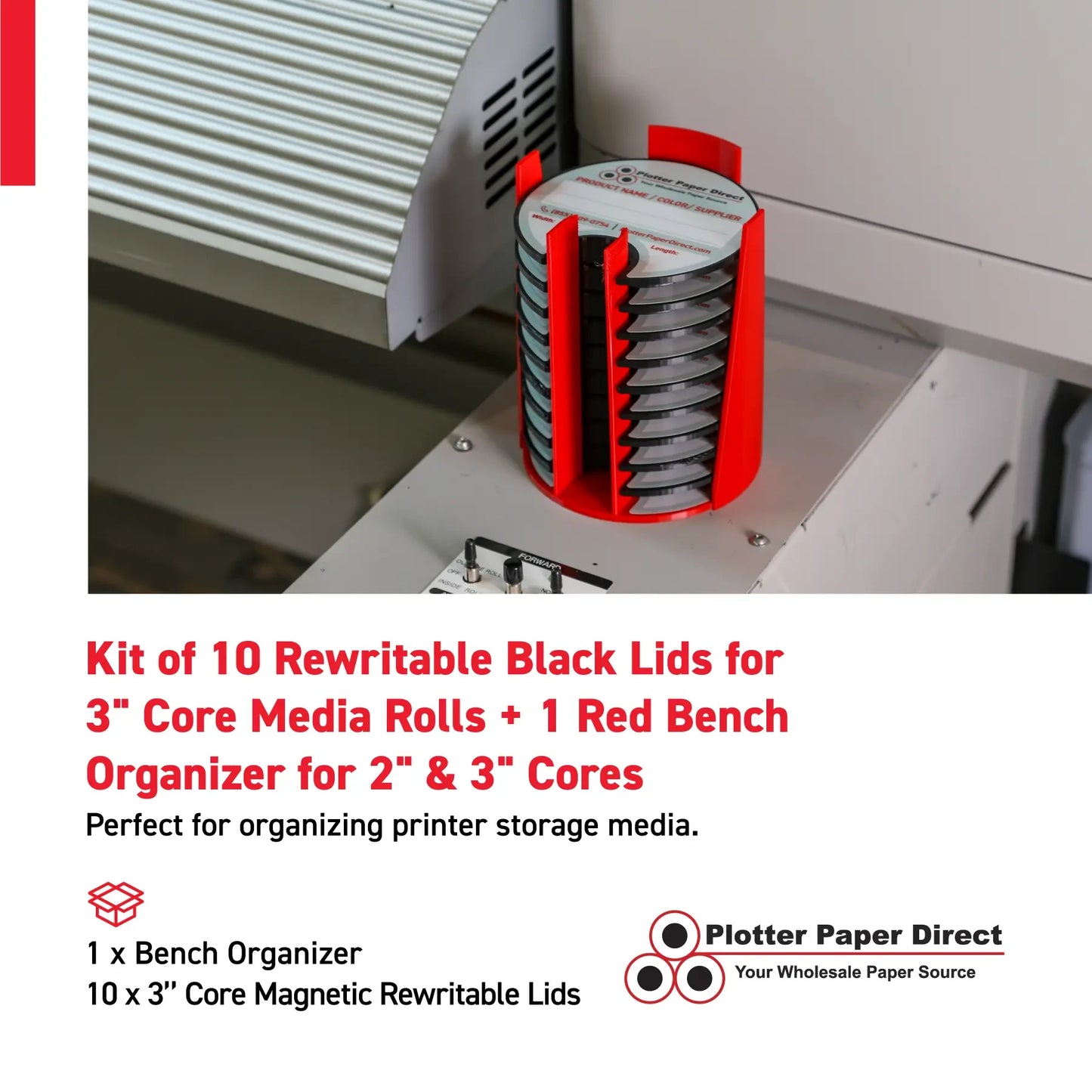 Kit of 10 Rewritable Black Lids for 3" Core Media Rolls + 1 Red Bench Organizer for 2" & 3" Cores – Durable Storage & Organization for Print Shops and Studios