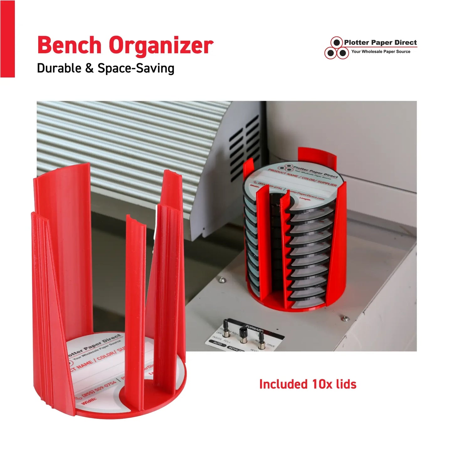 Kit of 10 Rewritable Black Lids for 3" Core Media Rolls + 1 Red Bench Organizer for 2" & 3" Cores – Durable Storage & Organization for Print Shops and Studios