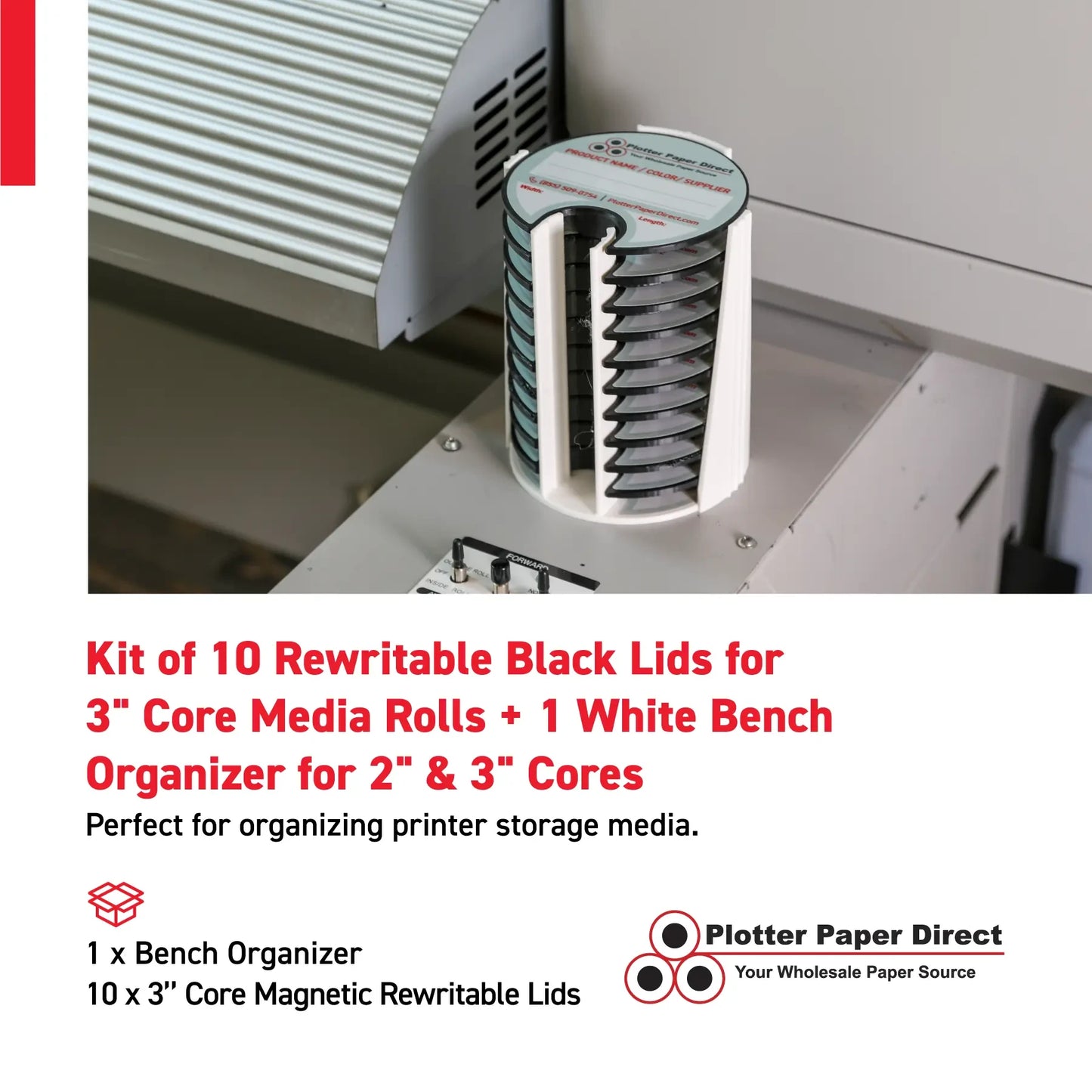 Kit of 10 Rewritable Black Lids for 3" Core Media Rolls + 1 White Bench Organizer for 2" & 3" Cores – Durable Storage & Organization for Print Shops and Studios