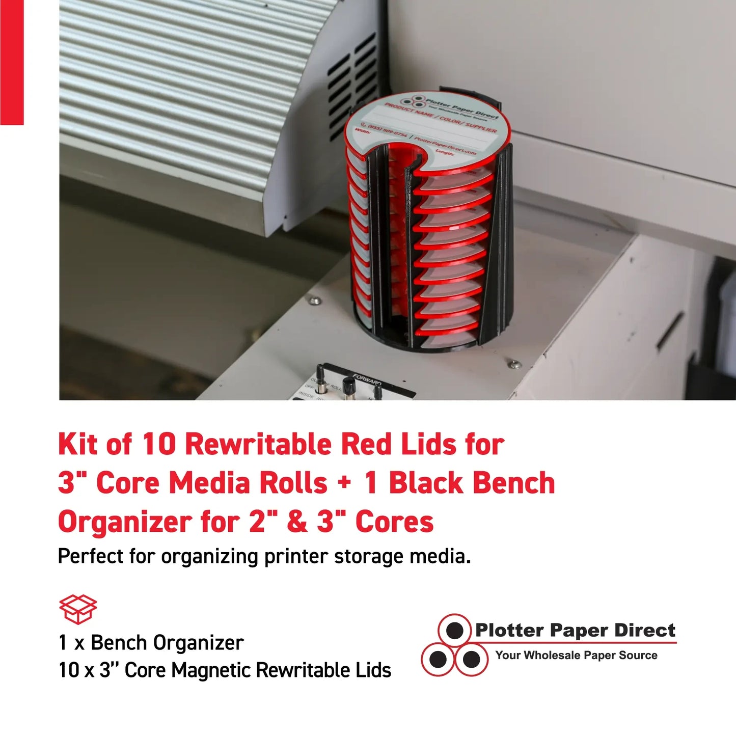 Kit of 10 Rewritable Red Lids for 3" Core Media Rolls + 1 Black Bench Organizer for 2" & 3" Cores – Durable Storage & Organization for Print Shops and Studios
