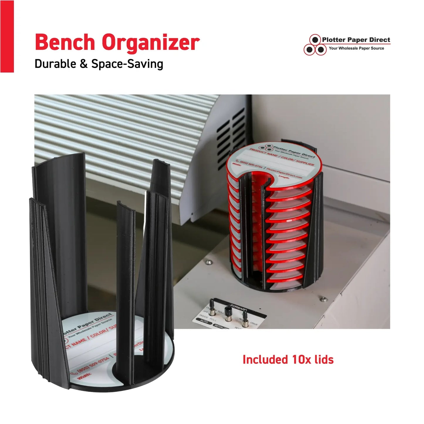 Kit of 10 Rewritable Red Lids for 3" Core Media Rolls + 1 Black Bench Organizer for 2" & 3" Cores – Durable Storage & Organization for Print Shops and Studios