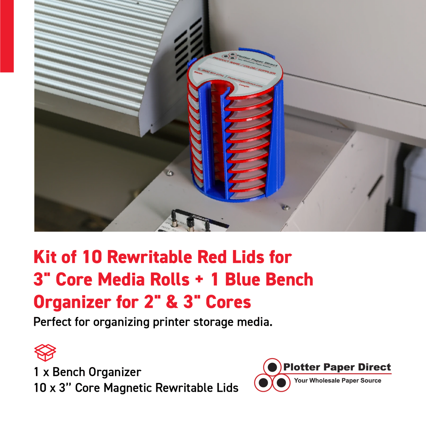 Kit of 10 Rewritable Red Lids for 3" Core Media Rolls + 1 Blue Bench Organizer for 2" & 3" Cores – Durable Storage & Organization for Print Shops and Studios