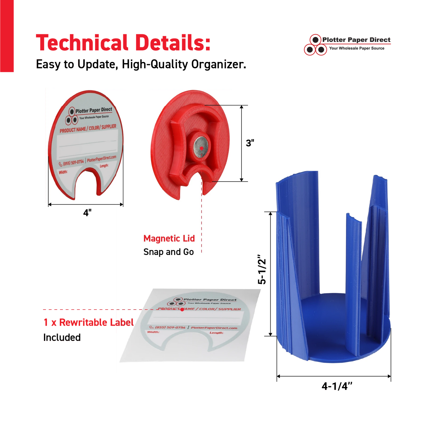 Kit of 10 Rewritable Red Lids for 3" Core Media Rolls + 1 Blue Bench Organizer for 2" & 3" Cores – Durable Storage & Organization for Print Shops and Studios
