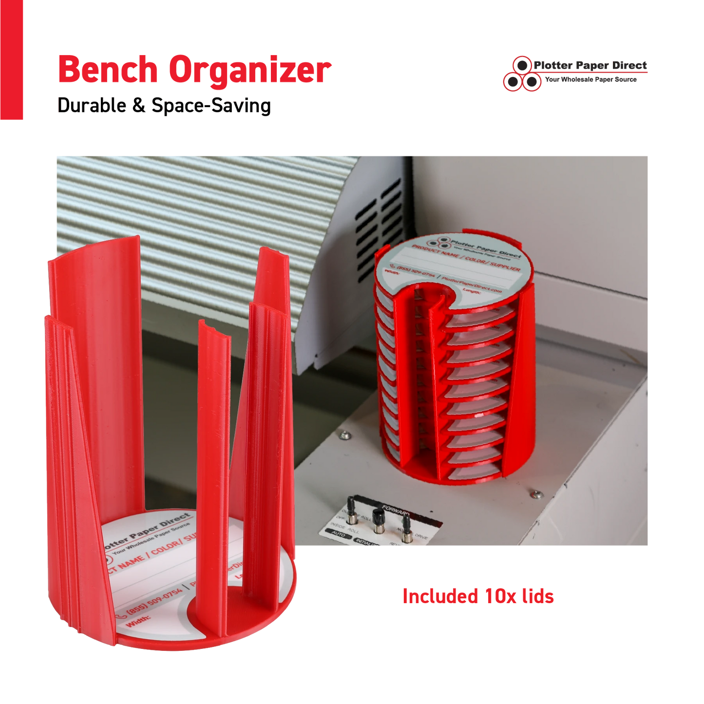 Kit of 10 Rewritable Red Lids for 3" Core Media Rolls + 1 Blue Bench Organizer for 2" & 3" Cores – Durable Storage & Organization for Print Shops and Studios
