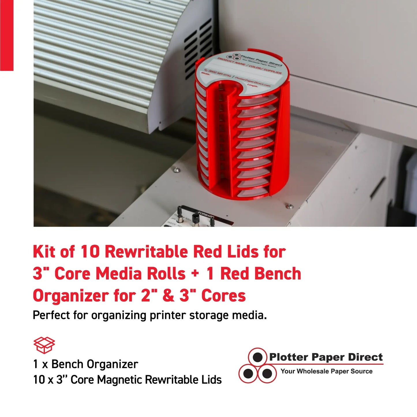 Kit of 10 Rewritable Red Lids for 3" Core Media Rolls + 1 Red Bench Organizer for 2" & 3" Cores – Durable Storage & Organization for Print Shops and Studios