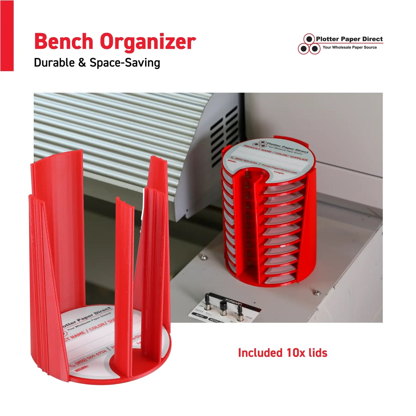 Kit of 10 Rewritable Red Lids for 3" Core Media Rolls + 1 Red Bench Organizer for 2" & 3" Cores – Durable Storage & Organization for Print Shops and Studios