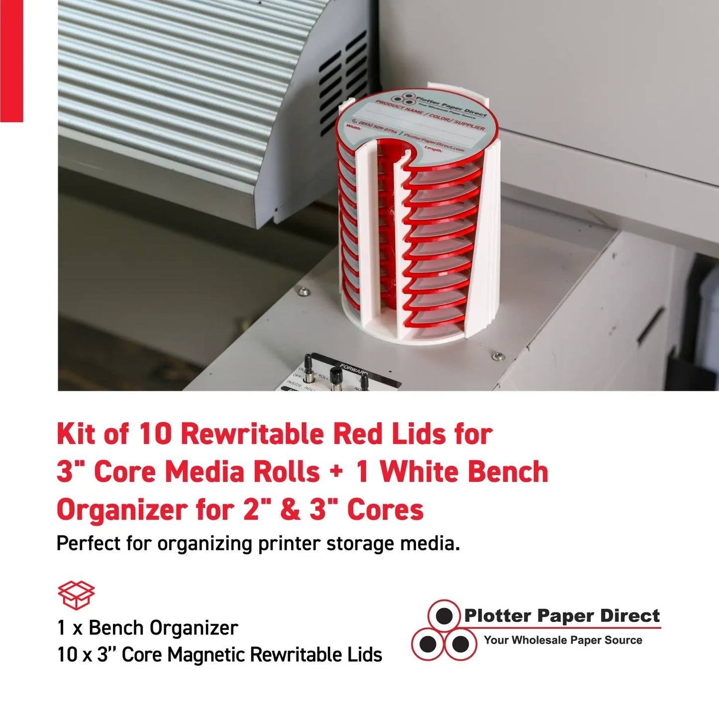 Kit of 10 Rewritable Red Lids for 3" Core Media Rolls + 1 White Bench Organizer for 2" & 3" Cores – Durable Storage & Organization for Print Shops and Studios