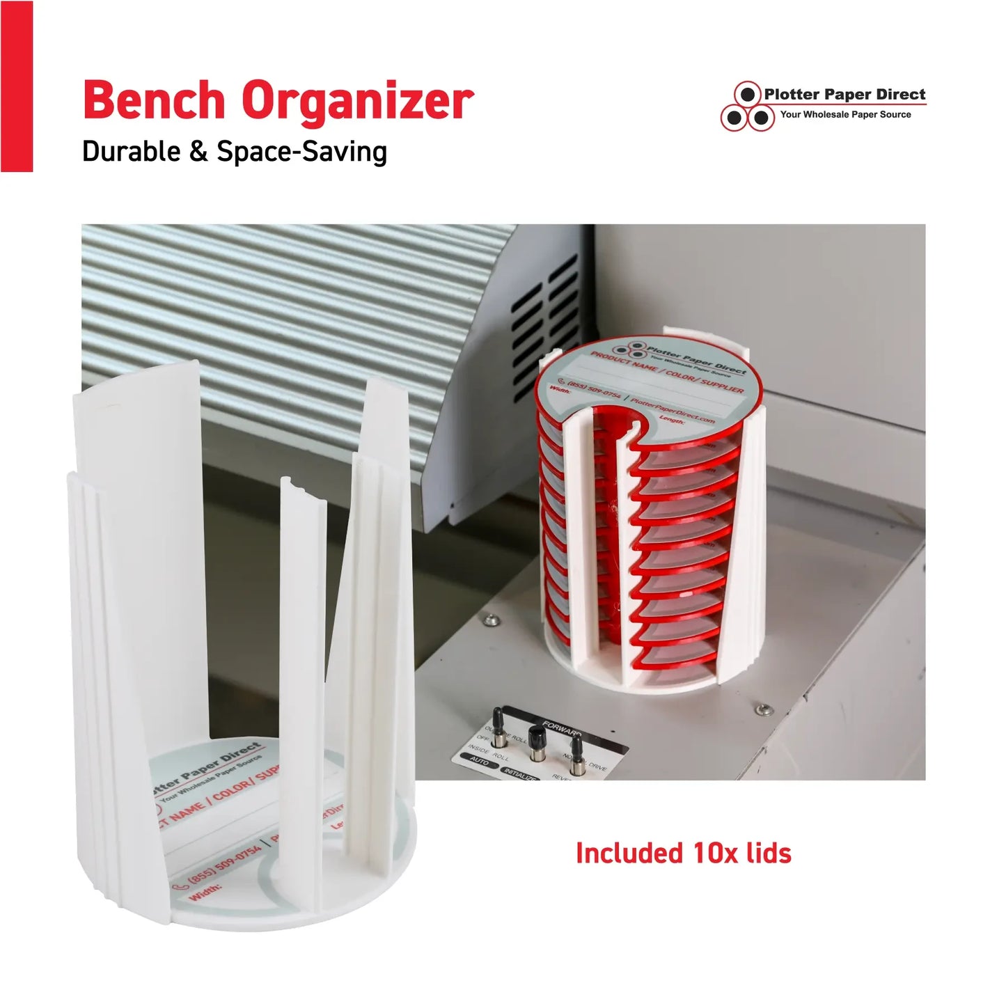Kit of 10 Rewritable Red Lids for 3" Core Media Rolls + 1 White Bench Organizer for 2" & 3" Cores – Durable Storage & Organization for Print Shops and Studios