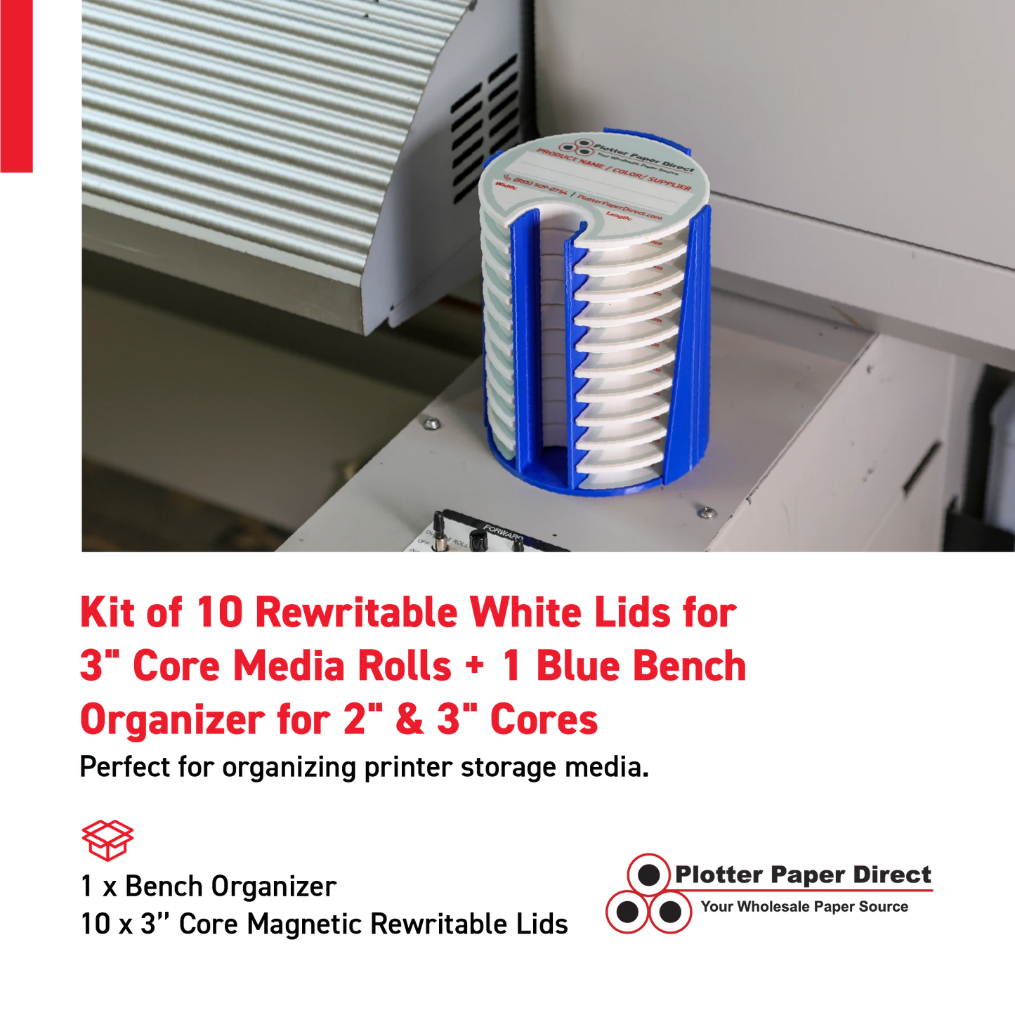 Kit of 10 Rewritable White Lids for 3" Core Media Rolls + 1 Blue Bench Organizer for 2" & 3" Cores – Durable Storage & Organization for Print Shops and Studios