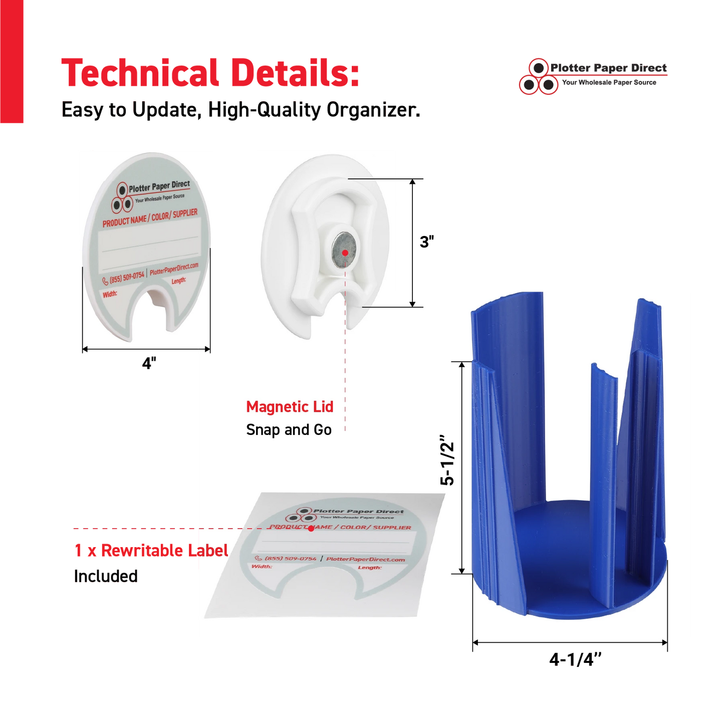 Kit of 10 Rewritable White Lids for 3" Core Media Rolls + 1 Blue Bench Organizer for 2" & 3" Cores – Durable Storage & Organization for Print Shops and Studios