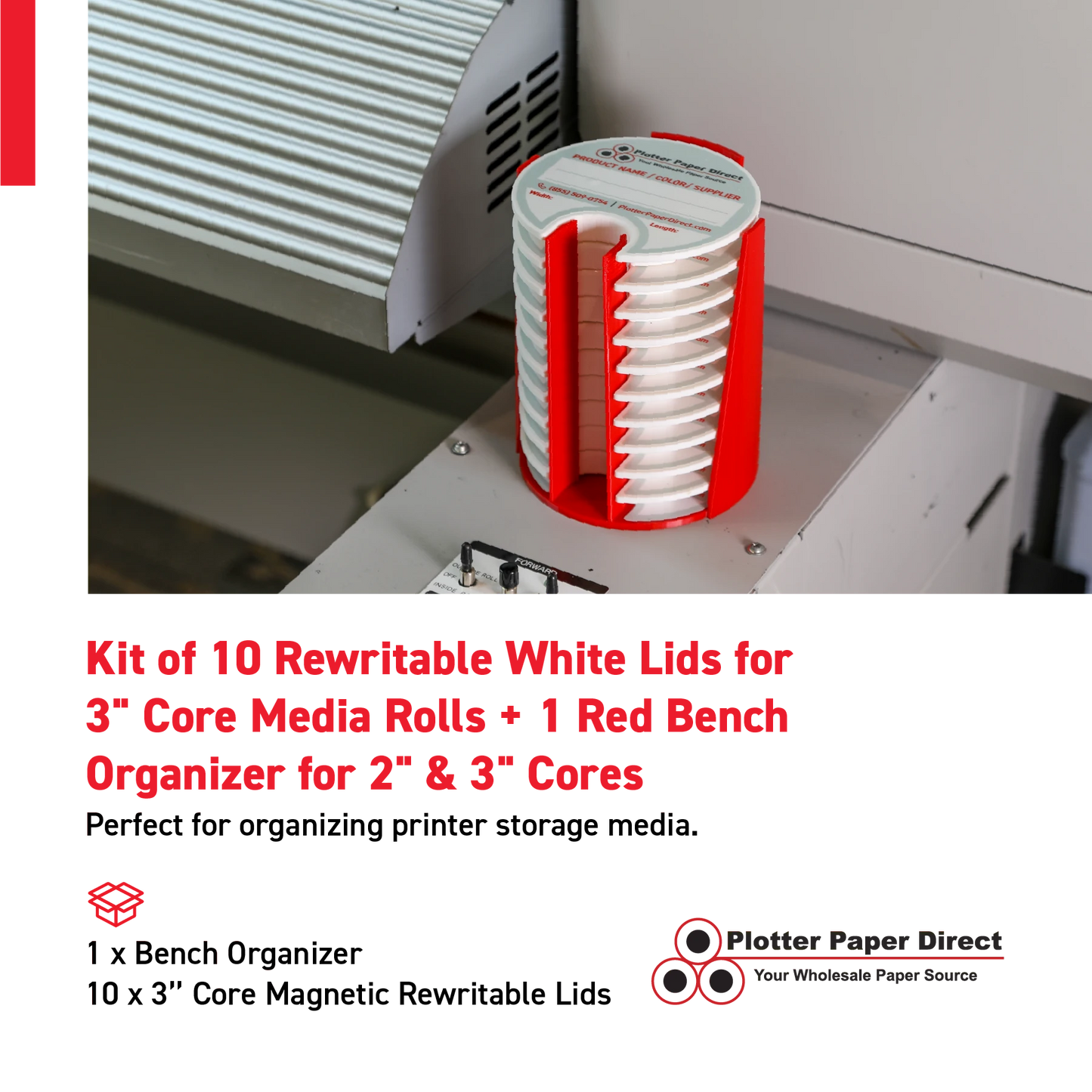 Kit of 10 Rewritable White Lids for 3" Core Media Rolls + 1 Red Bench Organizer for 2" & 3" Cores – Durable Storage & Organization for Print Shops and Studios