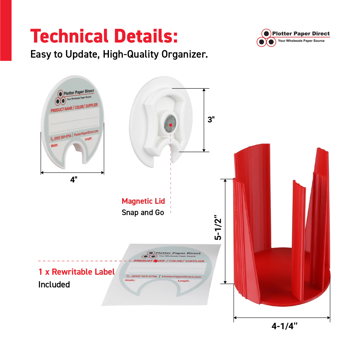 Kit of 10 Rewritable White Lids for 3" Core Media Rolls + 1 Red Bench Organizer for 2" & 3" Cores – Durable Storage & Organization for Print Shops and Studios