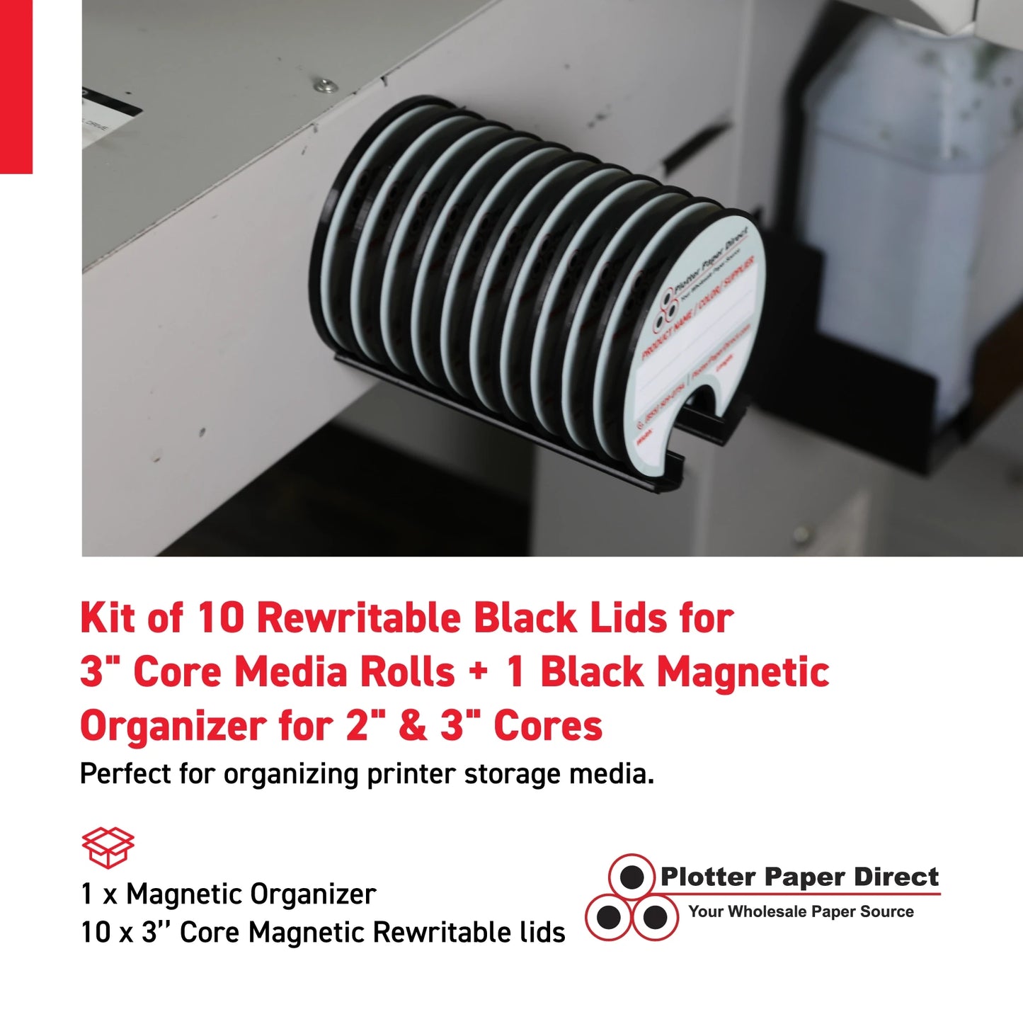 Kit of 10 Rewritable Black Lids for 3" Core Media Rolls + 1 Black Magnetic Wall Organizer for 2" & 3" Cores – Durable Storage Solution for Print & Sign Shops