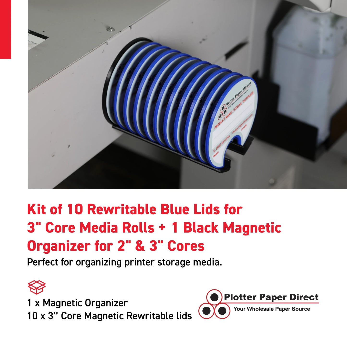 Kit of 10 Rewritable Blue Lids for 3" Core Media Rolls + 1 Black Magnetic Wall Organizer for 2" & 3" Cores – Durable Storage Solution for Print & Sign Shops
