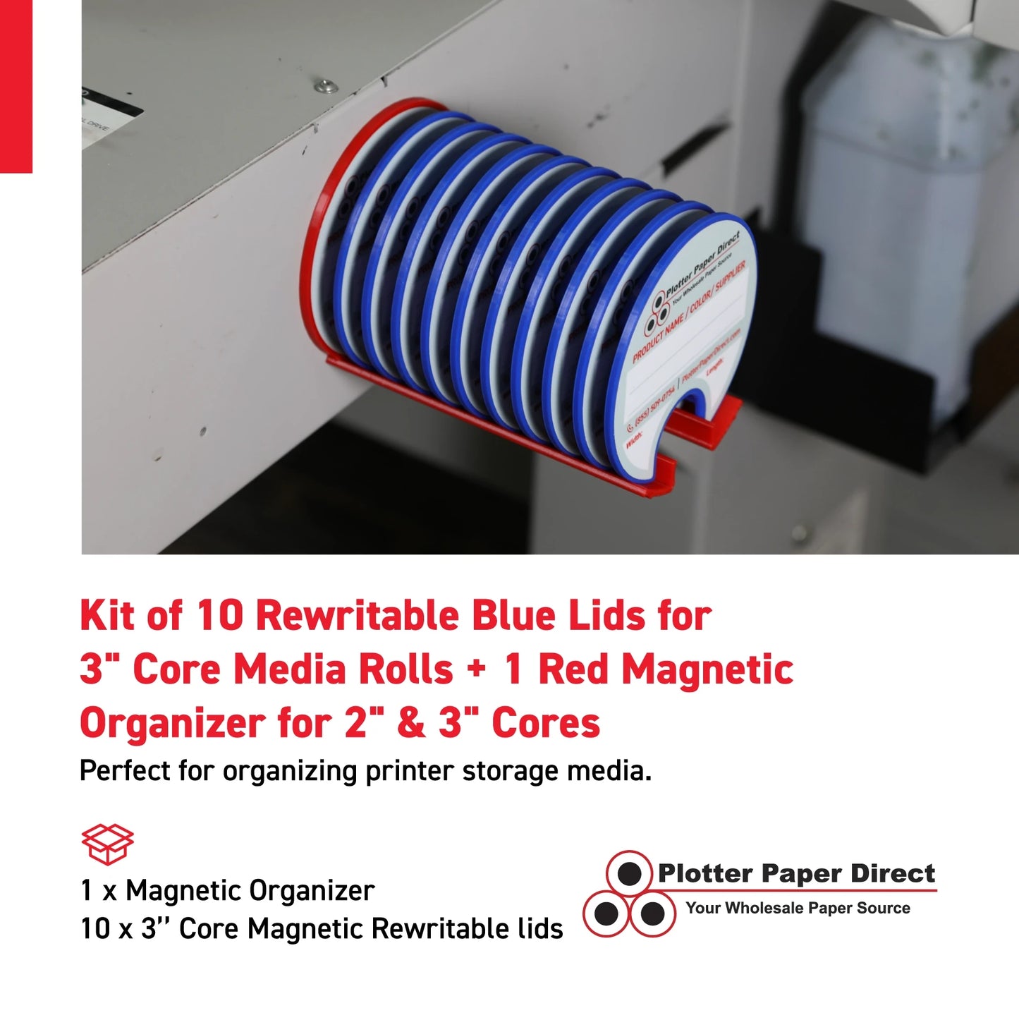 Kit of 10 Rewritable Blue Lids for 3" Core Media Rolls + 1 Red Magnetic Wall Organizer for 2" & 3" Cores – Durable Storage Solution for Print & Sign Shops
