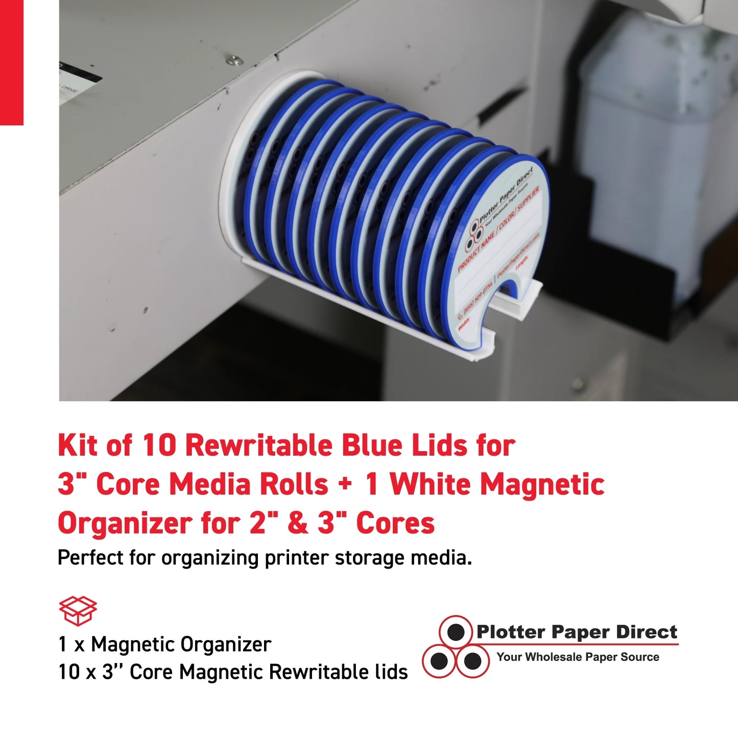Kit of 10 Rewritable Blue Lids for 3" Core Media Rolls + 1 White Magnetic Wall Organizer for 2" & 3" Cores – Durable Storage Solution for Print & Sign Shops