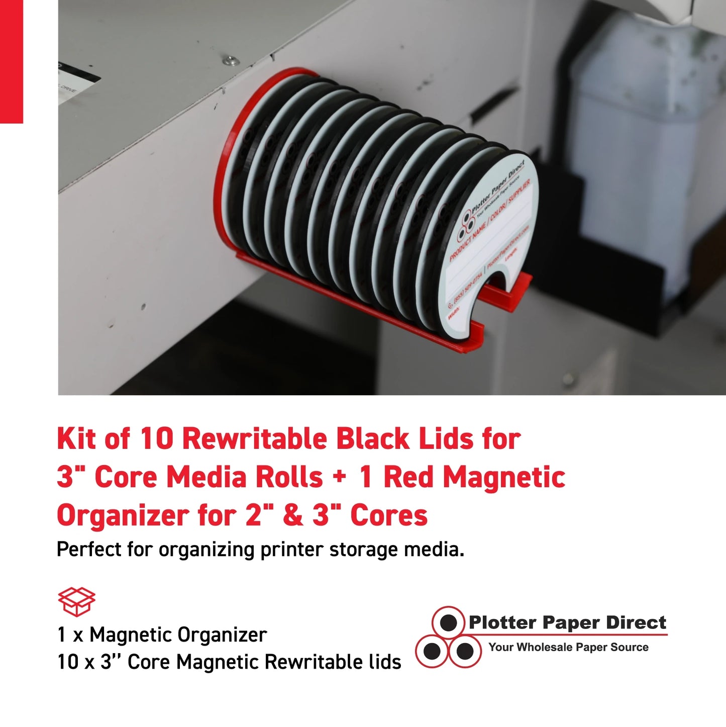 Kit of 10 Rewritable Black Lids for 3" Core Media Rolls + 1 Red Magnetic Wall Organizer for 2" & 3" Cores – Durable Storage Solution for Print & Sign Shops