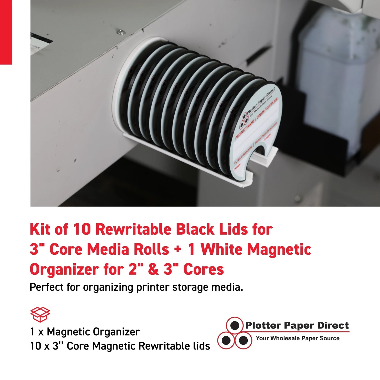 Kit of 10 Rewritable Black Lids for 3" Core Media Rolls + 1 White Magnetic Wall Organizer for 2" & 3" Cores – Durable Storage Solution for Print & Sign Shops