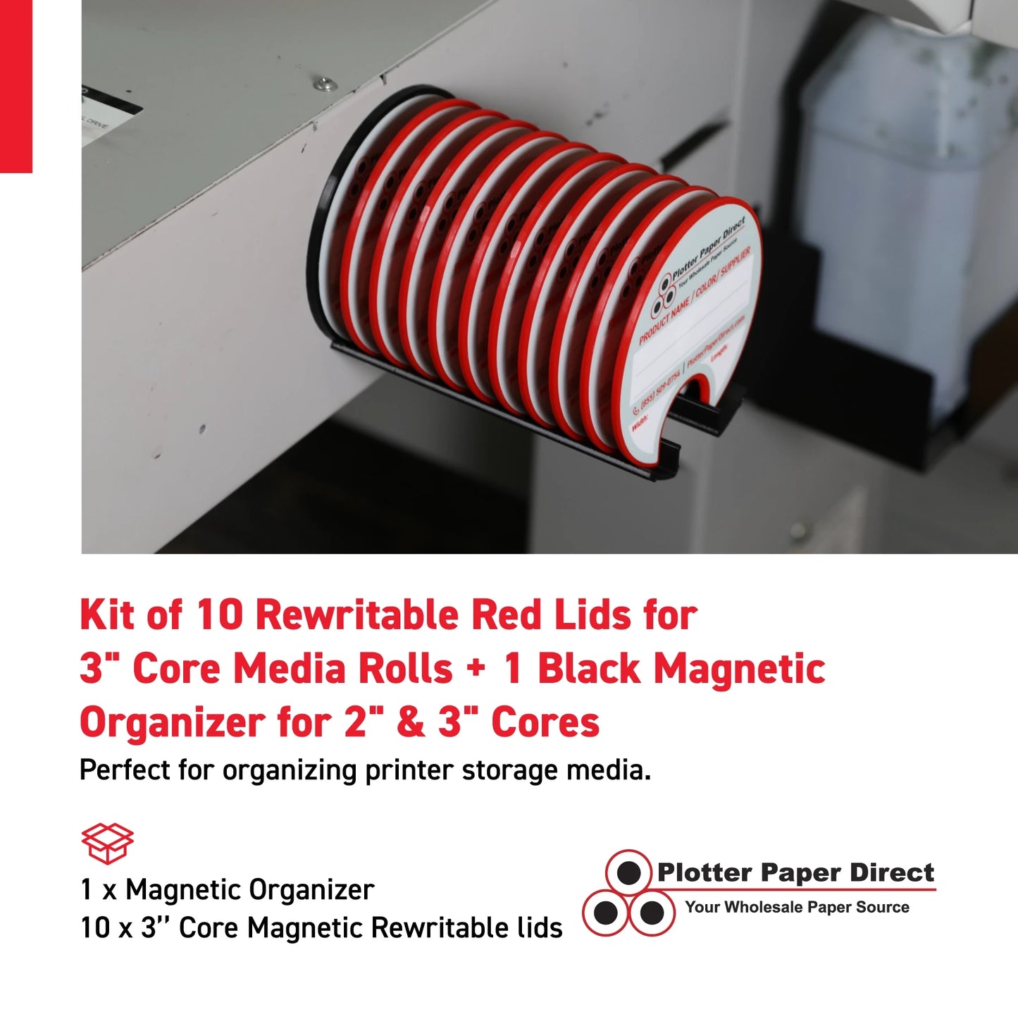 Kit of 10 Rewritable Red Lids for 3" Core Media Rolls + 1 Black Magnetic Wall Organizer for 2" & 3" Cores – Durable Storage Solution for Print & Sign Shops