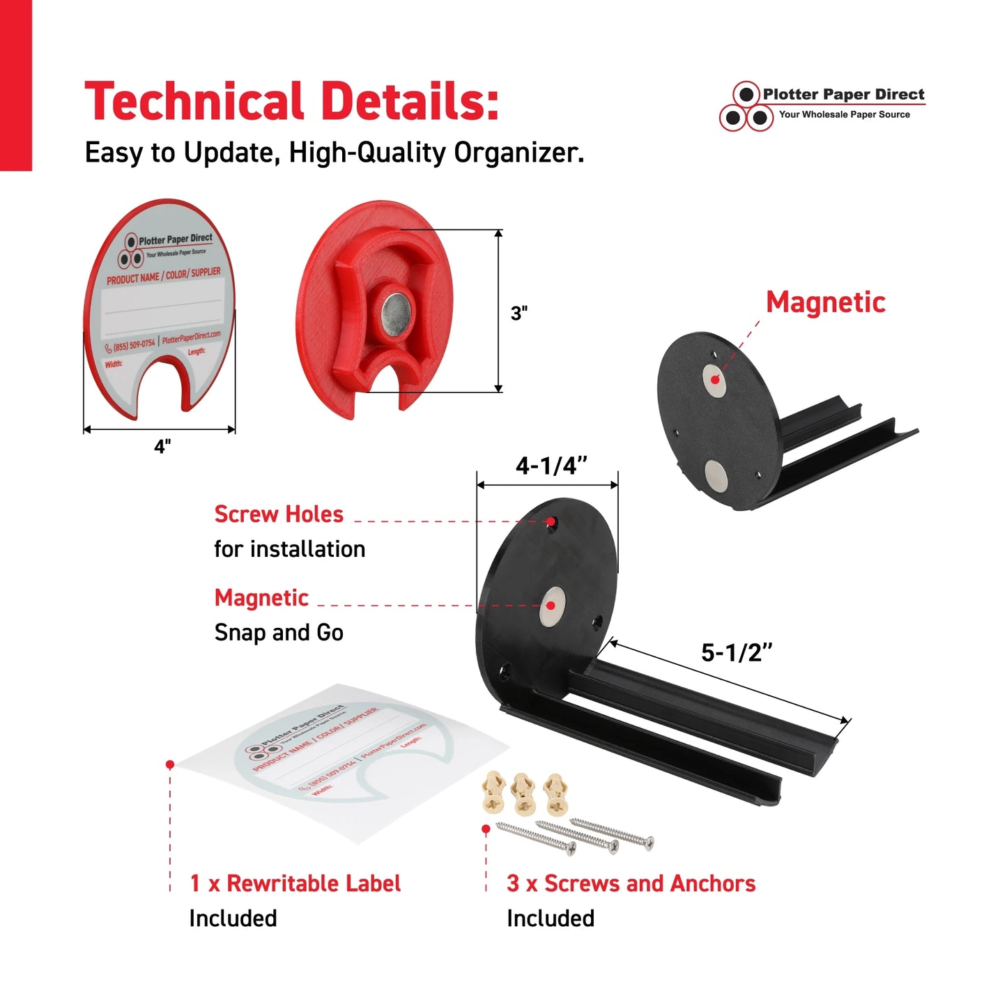 Kit of 10 Rewritable Red Lids for 3" Core Media Rolls + 1 Black Magnetic Wall Organizer for 2" & 3" Cores – Durable Storage Solution for Print & Sign Shops