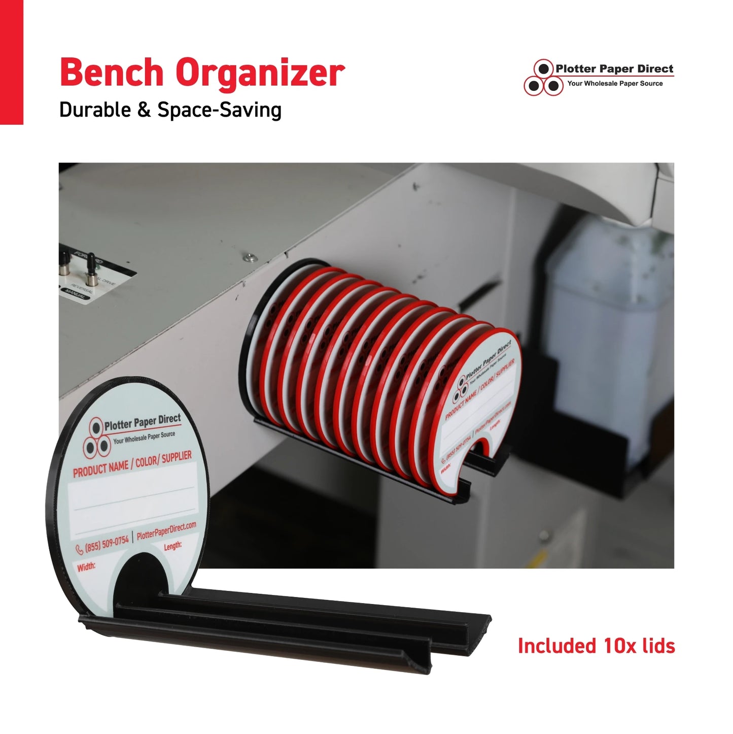 Kit of 10 Rewritable Red Lids for 3" Core Media Rolls + 1 Black Magnetic Wall Organizer for 2" & 3" Cores – Durable Storage Solution for Print & Sign Shops