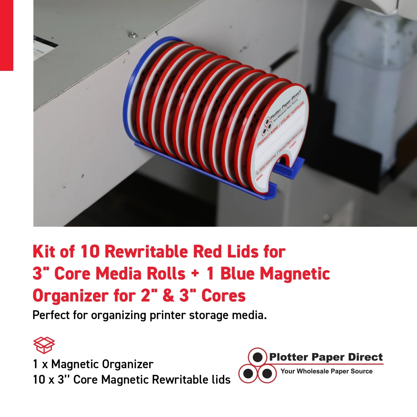 Kit of 10 Rewritable Red Lids for 3" Core Media Rolls + 1 Blue Magnetic Wall Organizer for 2" & 3" Cores – Durable Storage Solution for Print & Sign Shops