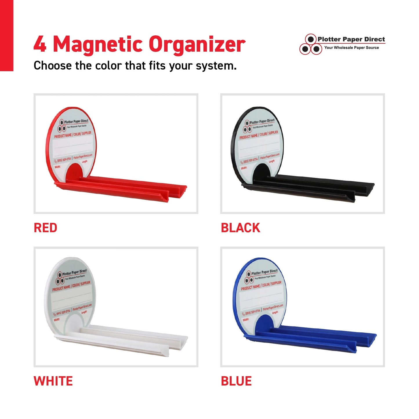 Kit of 10 Rewritable Red Lids for 3" Core Media Rolls + 1 Blue Magnetic Wall Organizer for 2" & 3" Cores – Durable Storage Solution for Print & Sign Shops