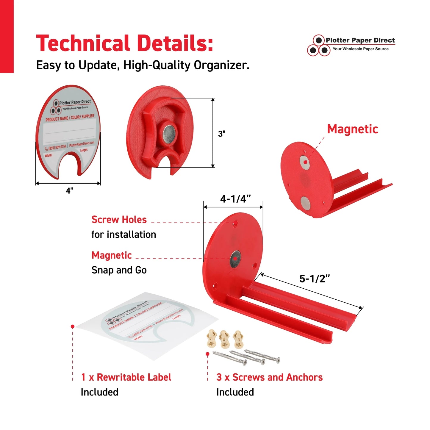 Kit of 10 Rewritable Red Lids for 3" Core Media Rolls + 1 Red Magnetic Wall Organizer for 2" & 3" Cores – Durable Storage Solution for Print & Sign Shops