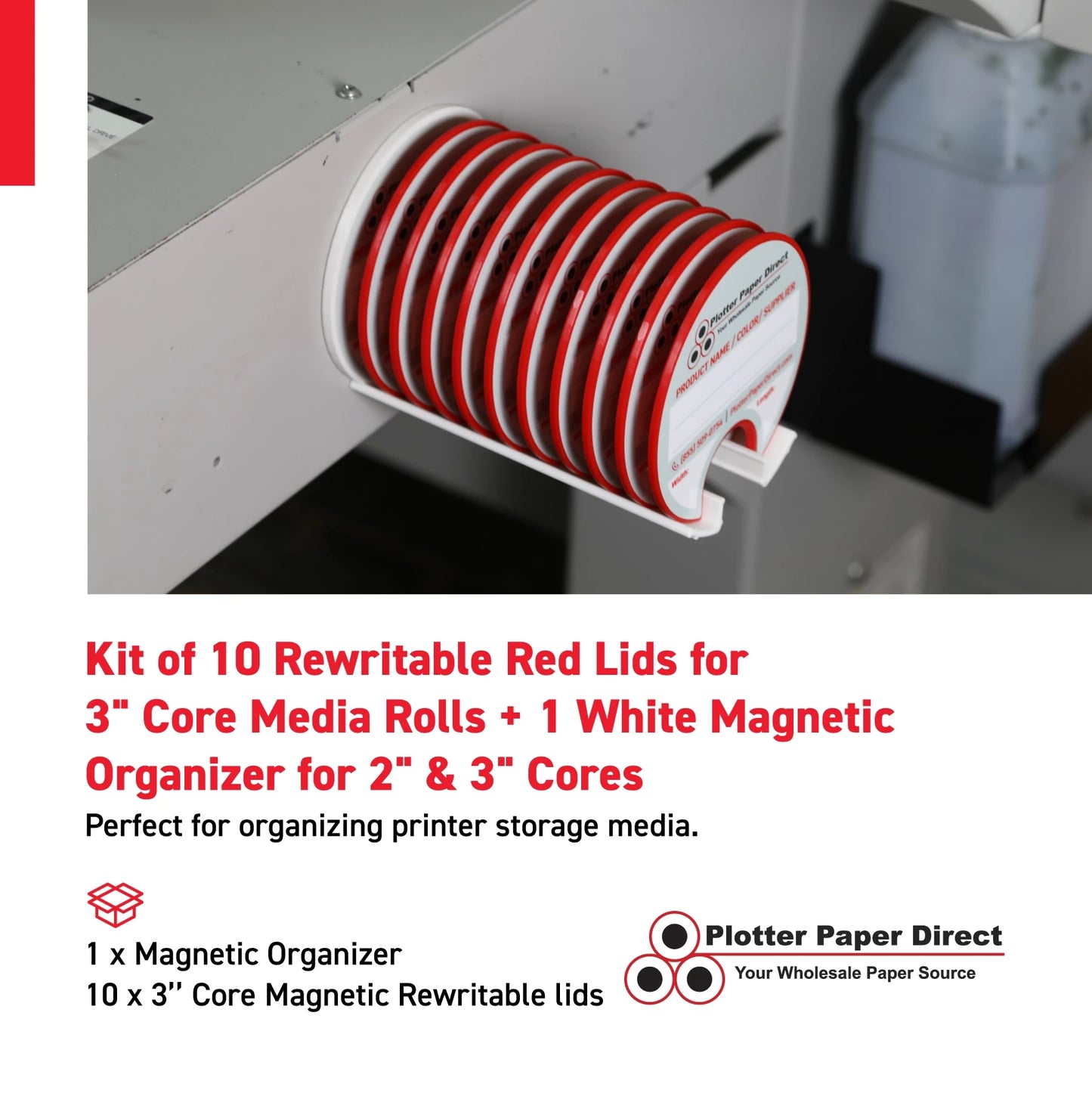 Kit of 10 Rewritable Red Lids for 3" Core Media Rolls + 1 White Magnetic Wall Organizer for 2" & 3" Cores – Durable Storage Solution for Print & Sign Shops