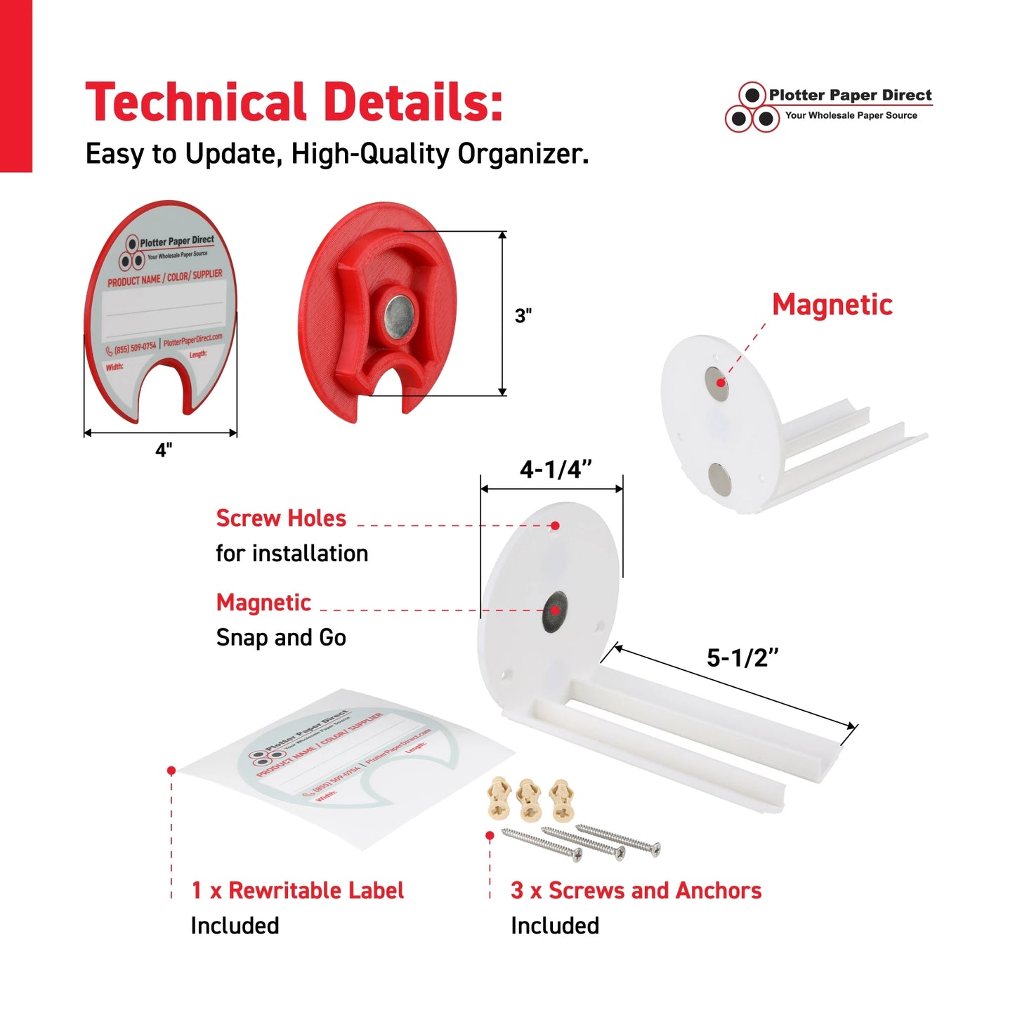 Kit of 10 Rewritable Red Lids for 3" Core Media Rolls + 1 White Magnetic Wall Organizer for 2" & 3" Cores – Durable Storage Solution for Print & Sign Shops