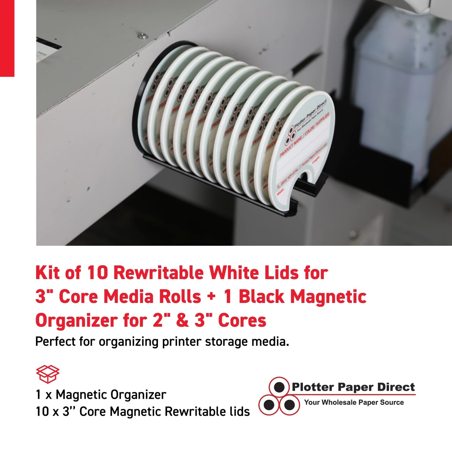 Kit of 10 Rewritable White Lids for 3" Core Media Rolls + 1 Black Magnetic Wall Organizer for 2" & 3" Cores – Durable Storage Solution for Print & Sign Shops