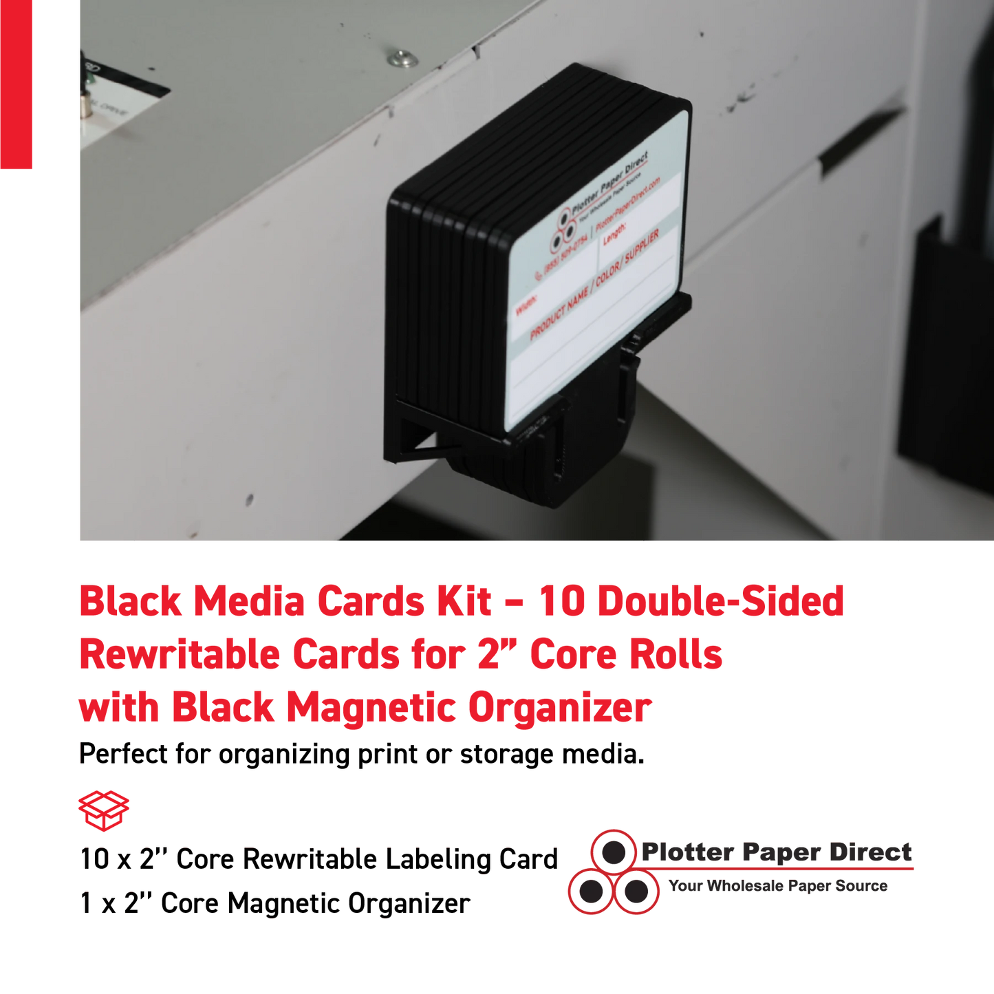 Black MediaCards Kit for Vinyl Roll Storage – 10 Writable Double-Sided Cards for 2" Core Rolls with Black Magnetic Organizer – Label & Track Media Easily