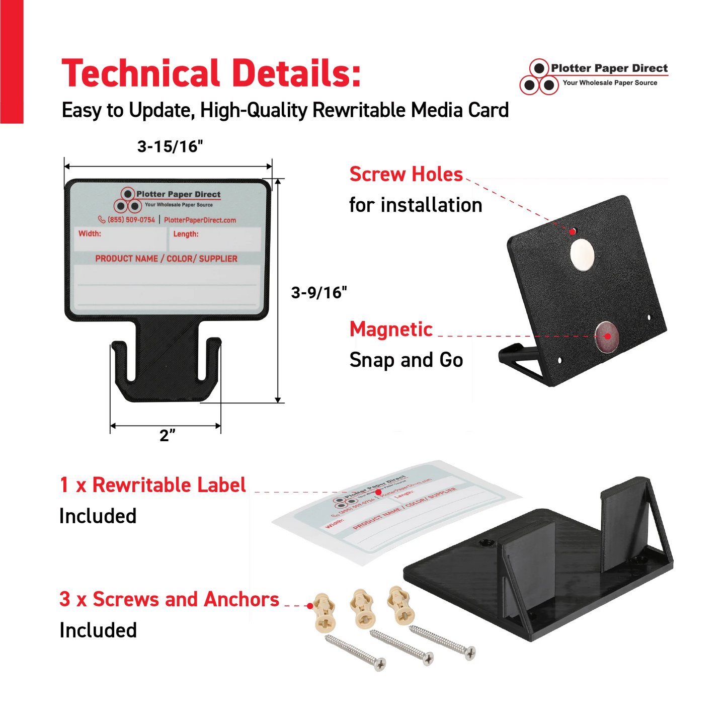 Black MediaCards Kit for Vinyl Roll Storage – 10 Writable Double-Sided Cards for 2" Core Rolls with Black Magnetic Organizer – Label & Track Media Easily