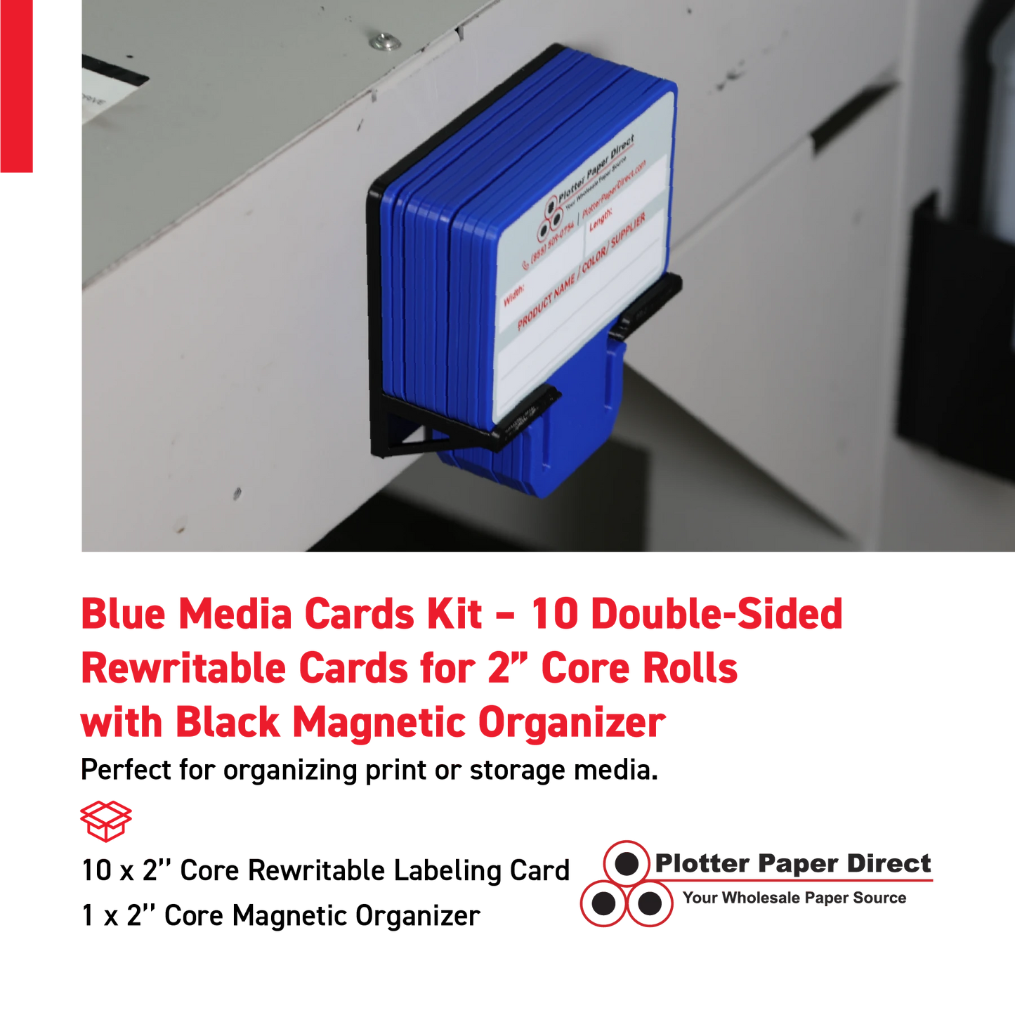 Blue MediaCards Kit for Vinyl Roll Storage – 10 Writable Double-Sided Cards for 2" Core Rolls with Black Magnetic Organizer – Label & Track Media Easily