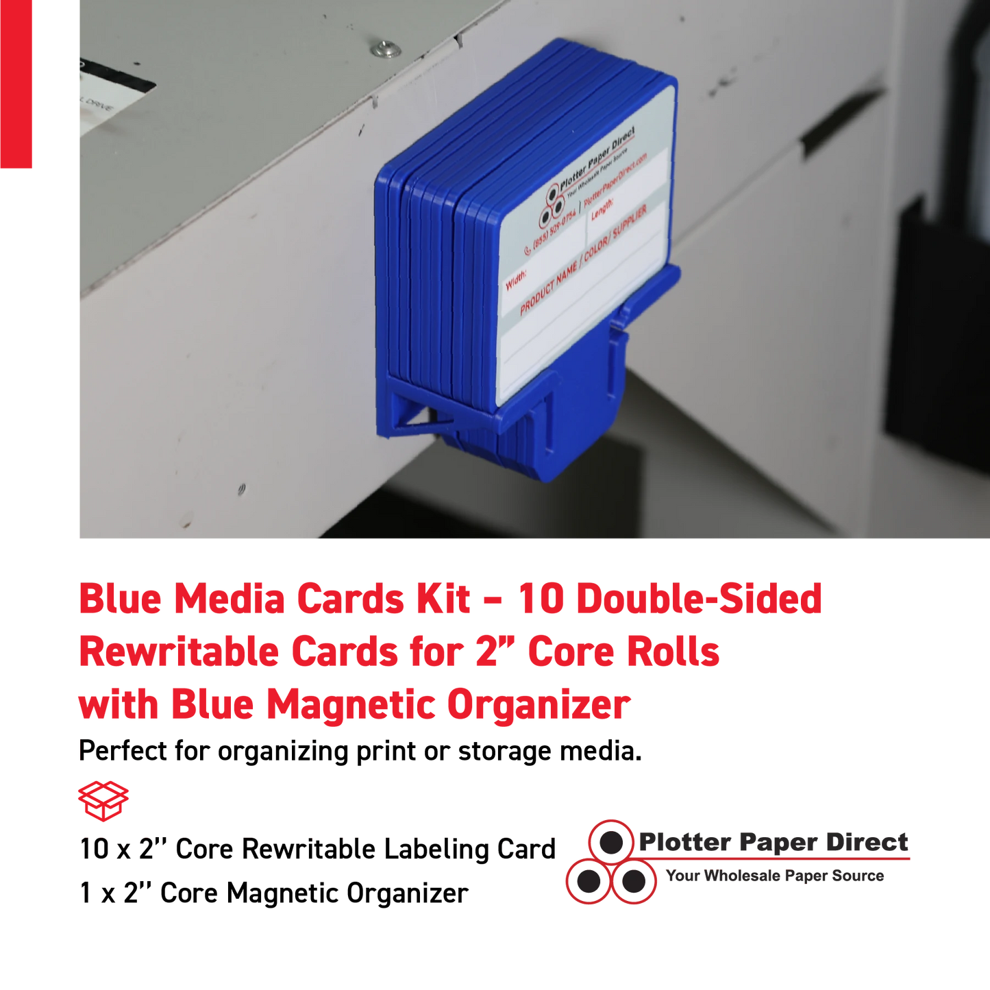 Blue MediaCards Kit for Vinyl Roll Storage – 10 Writable Double-Sided Cards for 2" Core Rolls with Blue Magnetic Organizer – Label & Track Media Easily