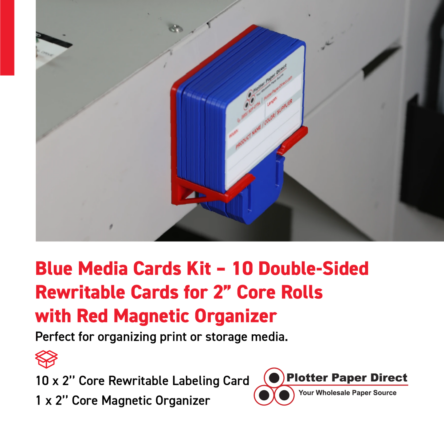 Blue MediaCards Kit for Vinyl Roll Storage – 10 Writable Double-Sided Cards for 2" Core Rolls with Red Magnetic Organizer – Label & Track Media Easily