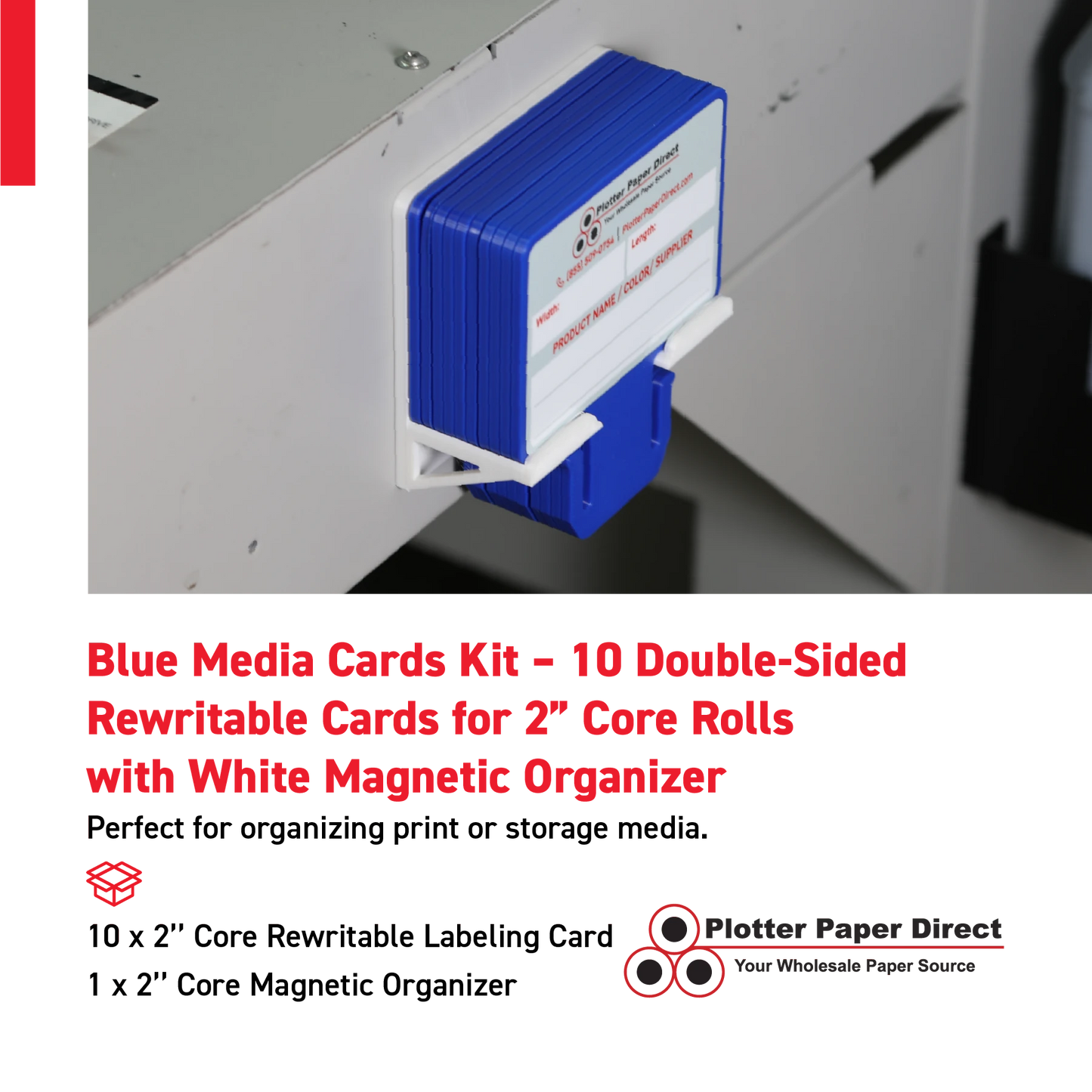 Blue MediaCards Kit for Vinyl Roll Storage – 10 Writable Double-Sided Cards for 2" Core Rolls with White Magnetic Organizer – Label & Track Media Easily