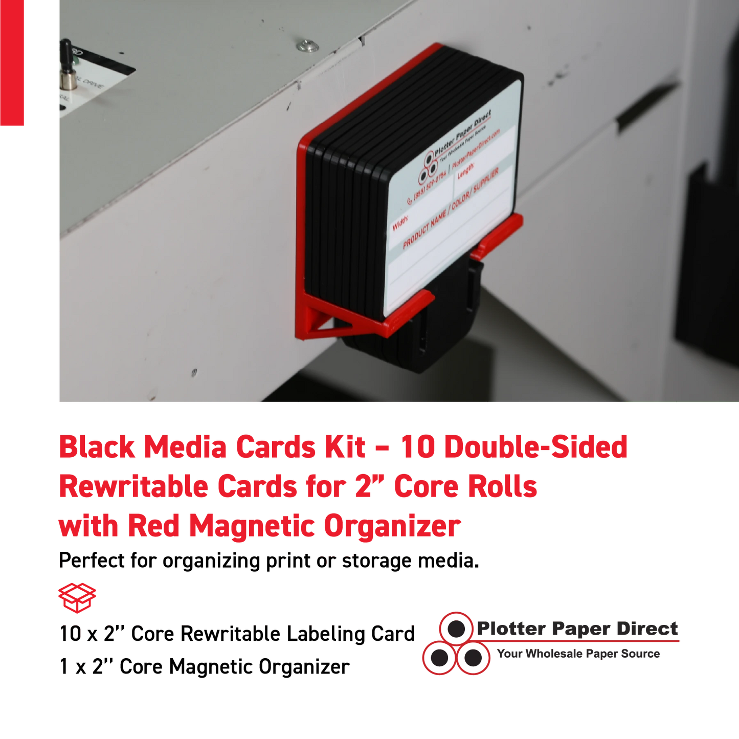 Black MediaCards Kit for Vinyl Roll Storage – 10 Writable Double-Sided Cards for 2" Core Rolls with Red Magnetic Organizer – Label & Track Media Easily