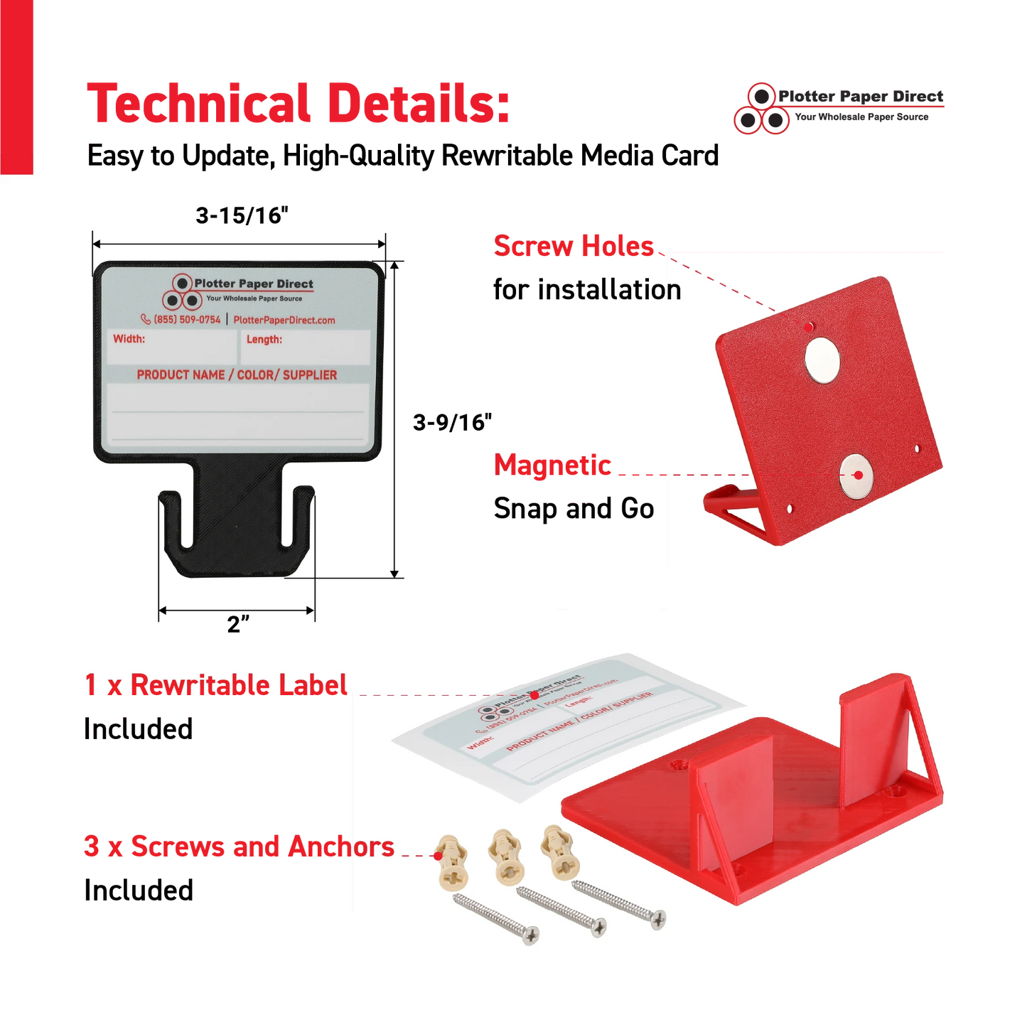 Black MediaCards Kit for Vinyl Roll Storage – 10 Writable Double-Sided Cards for 2" Core Rolls with Red Magnetic Organizer – Label & Track Media Easily